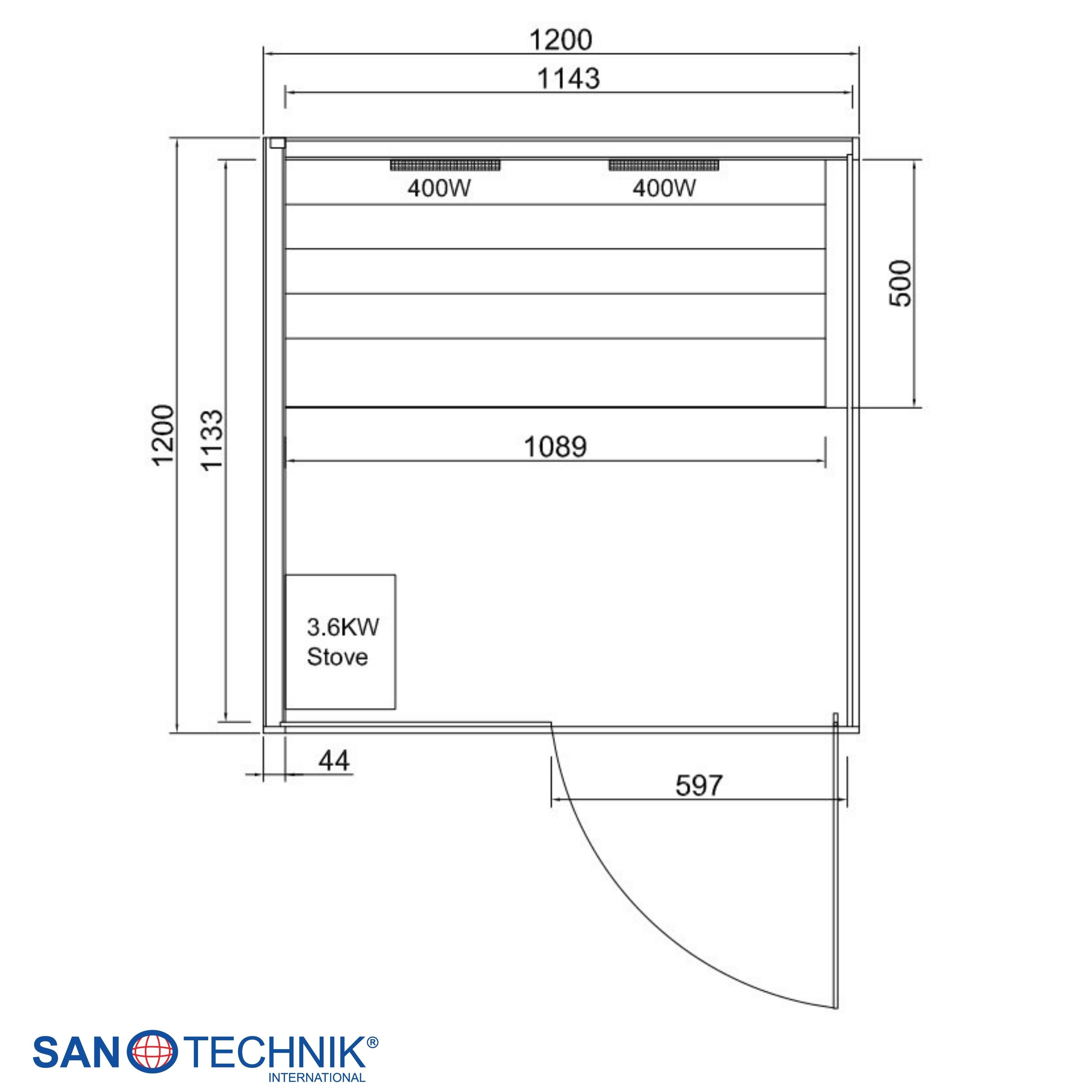 Technische Zeichnung einer Sauna mit Maßen und einem 3,6-kW-Ofen.