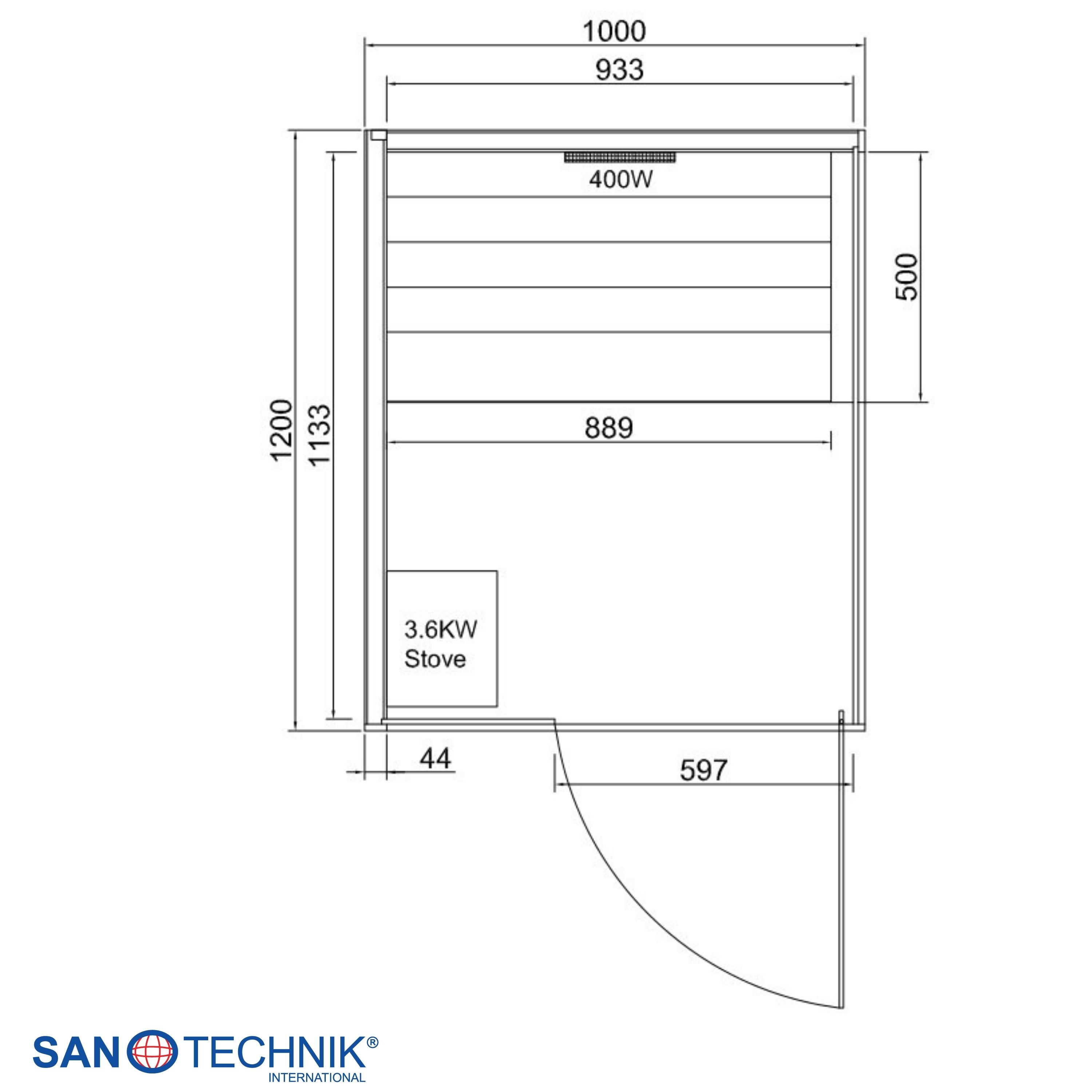 Technische Zeichnung einer Sauna mit Maßen, 400W Heizung und 3,6kW Ofen.