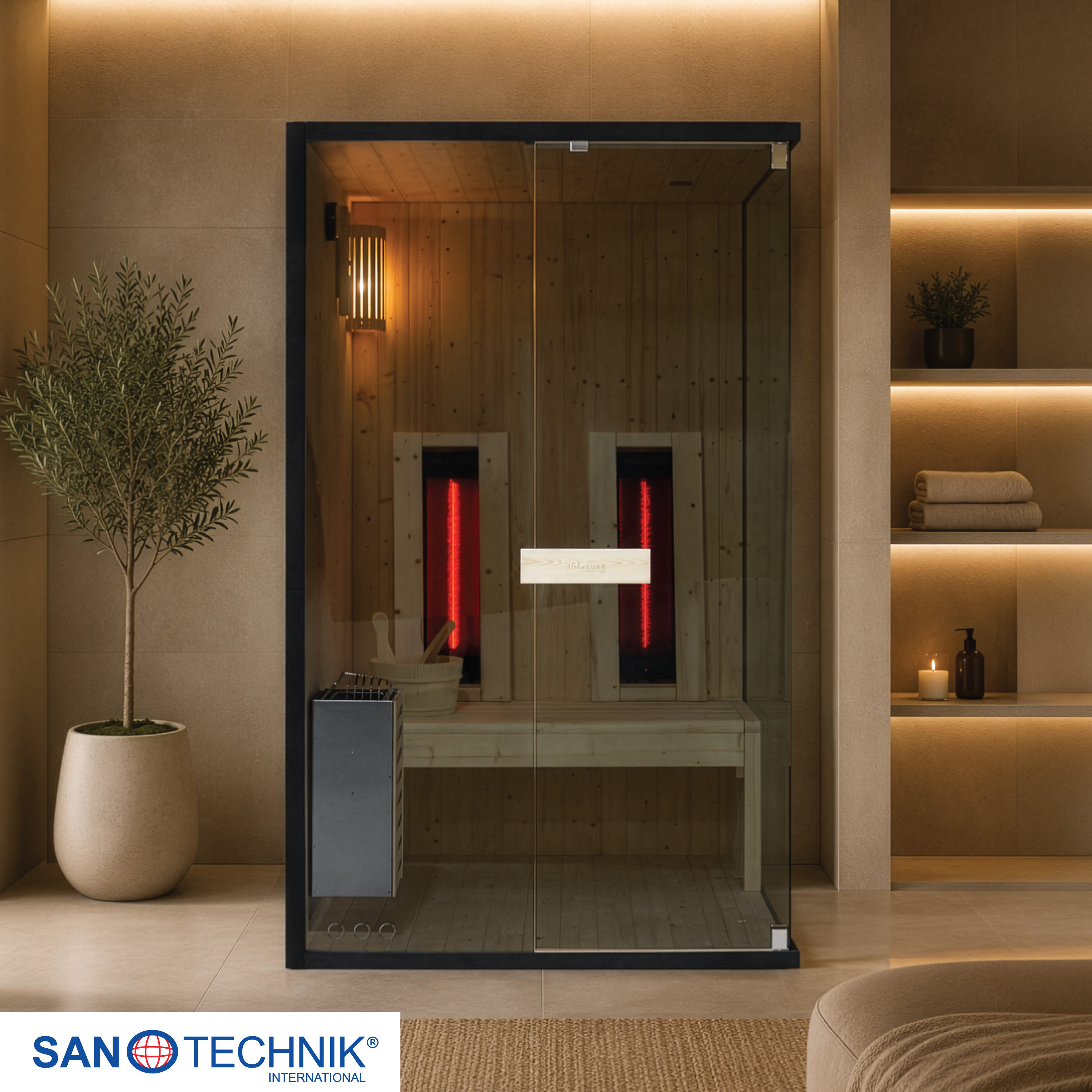 Eine moderne Glas-Sauna mit Holzakzenten, roten Infrarotstrahlern und einem Olivenbaum.