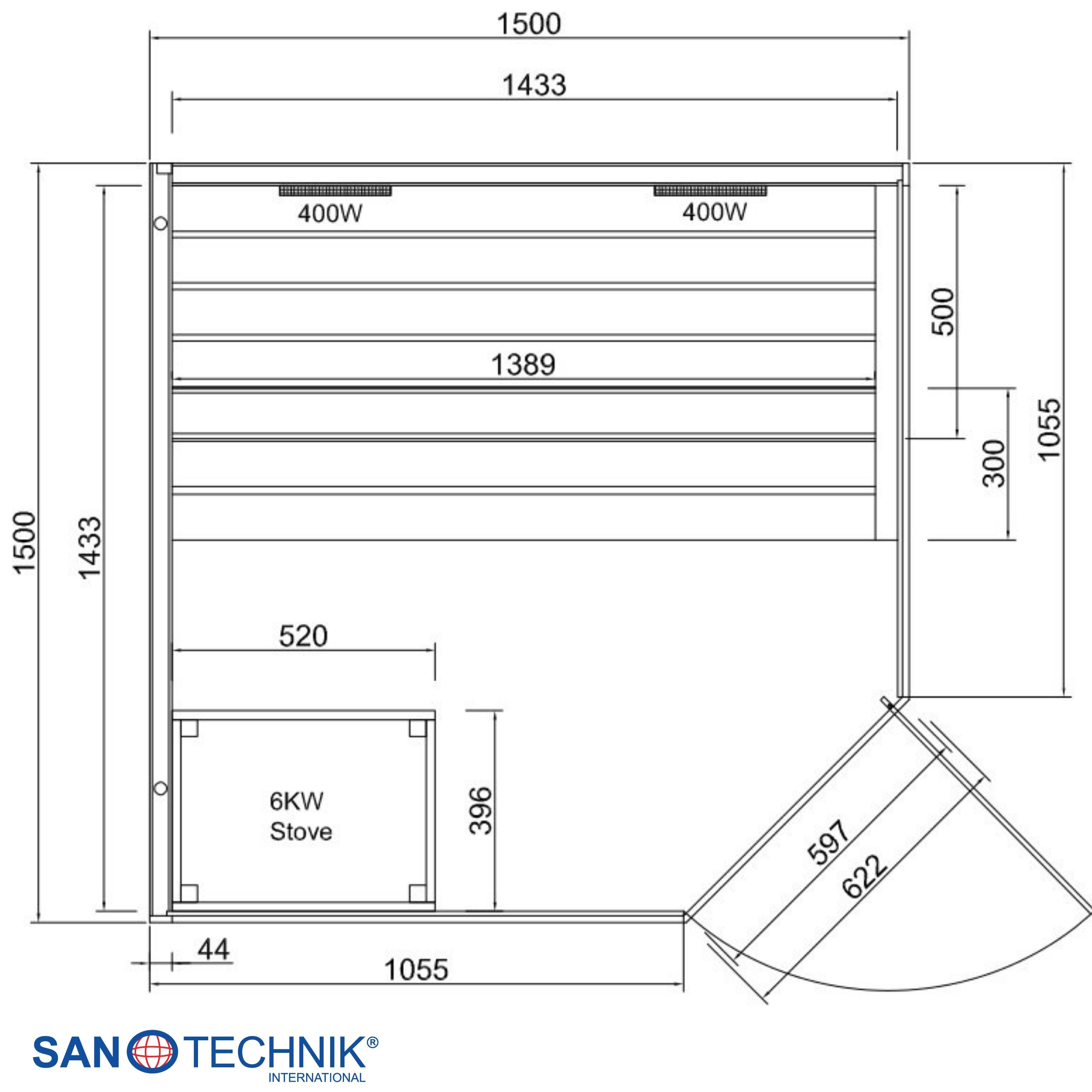 Grundriss einer Sauna mit Maßen, 6kW Ofen und 2x 400W Heizungen.
