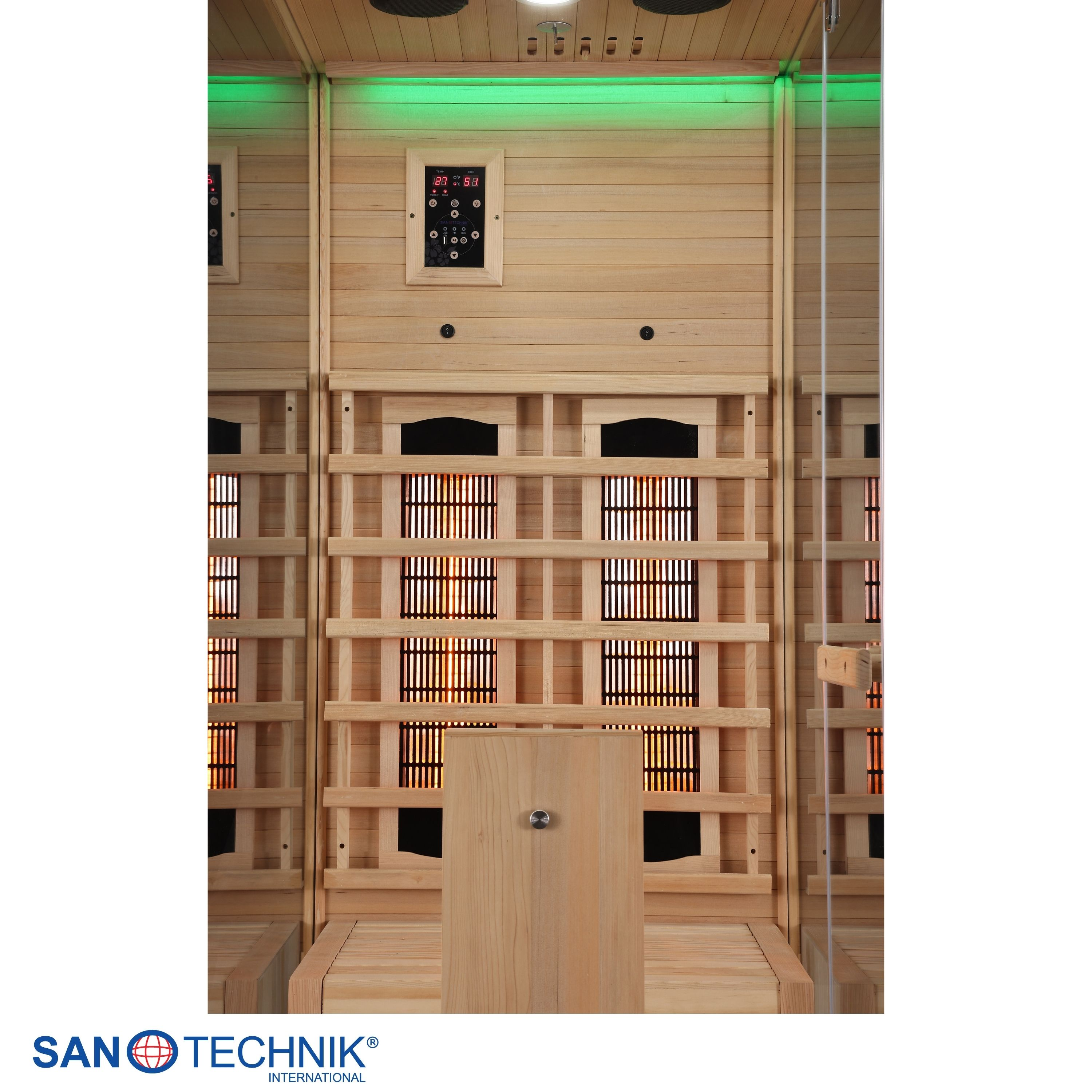 Holzsauna mit digitaler Steuerung, gr&uuml;ner Beleuchtung und Infrarotpaneelen.