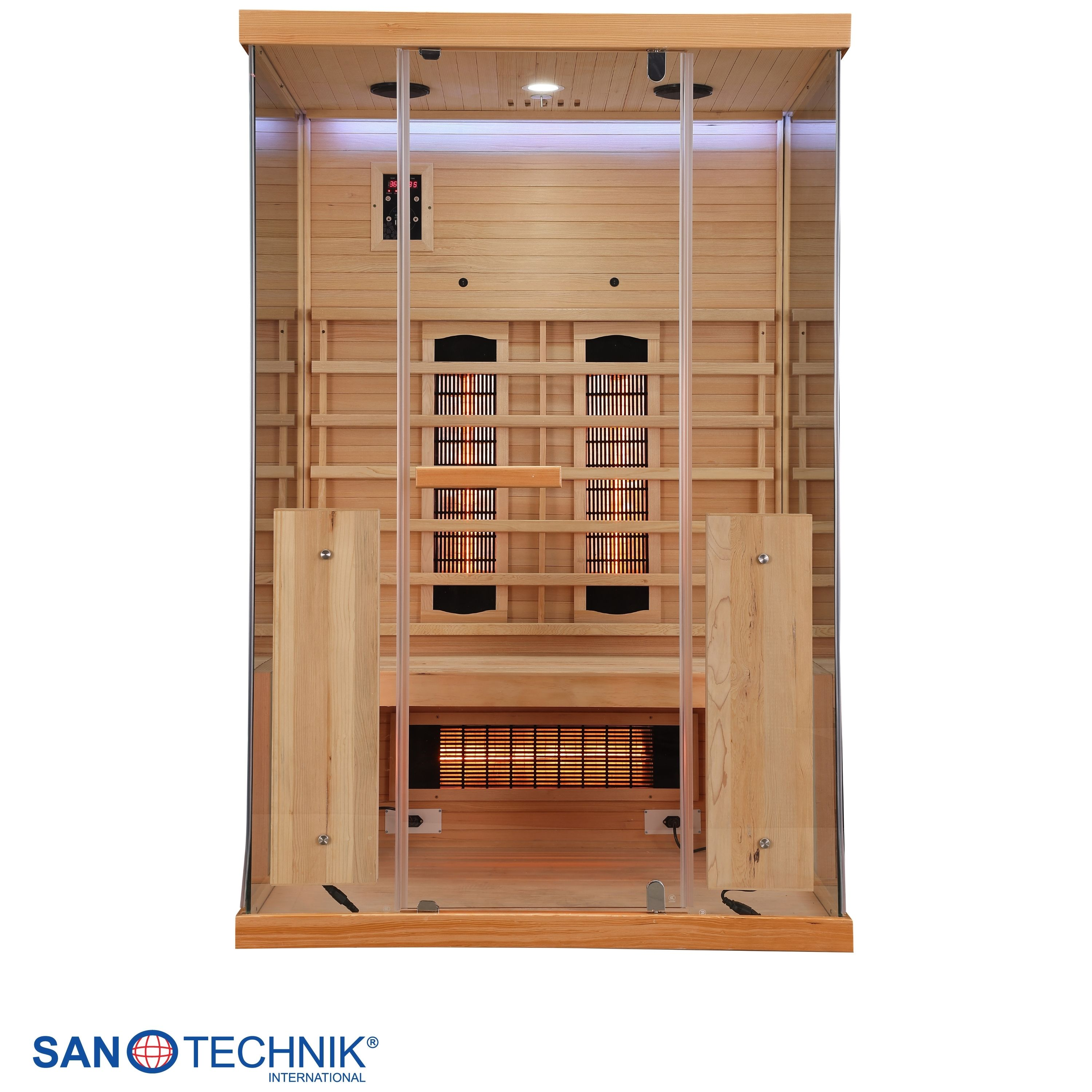 Eine hölzerne Sauna mit Glastüren, die Heizstrahler im Inneren zeigt.