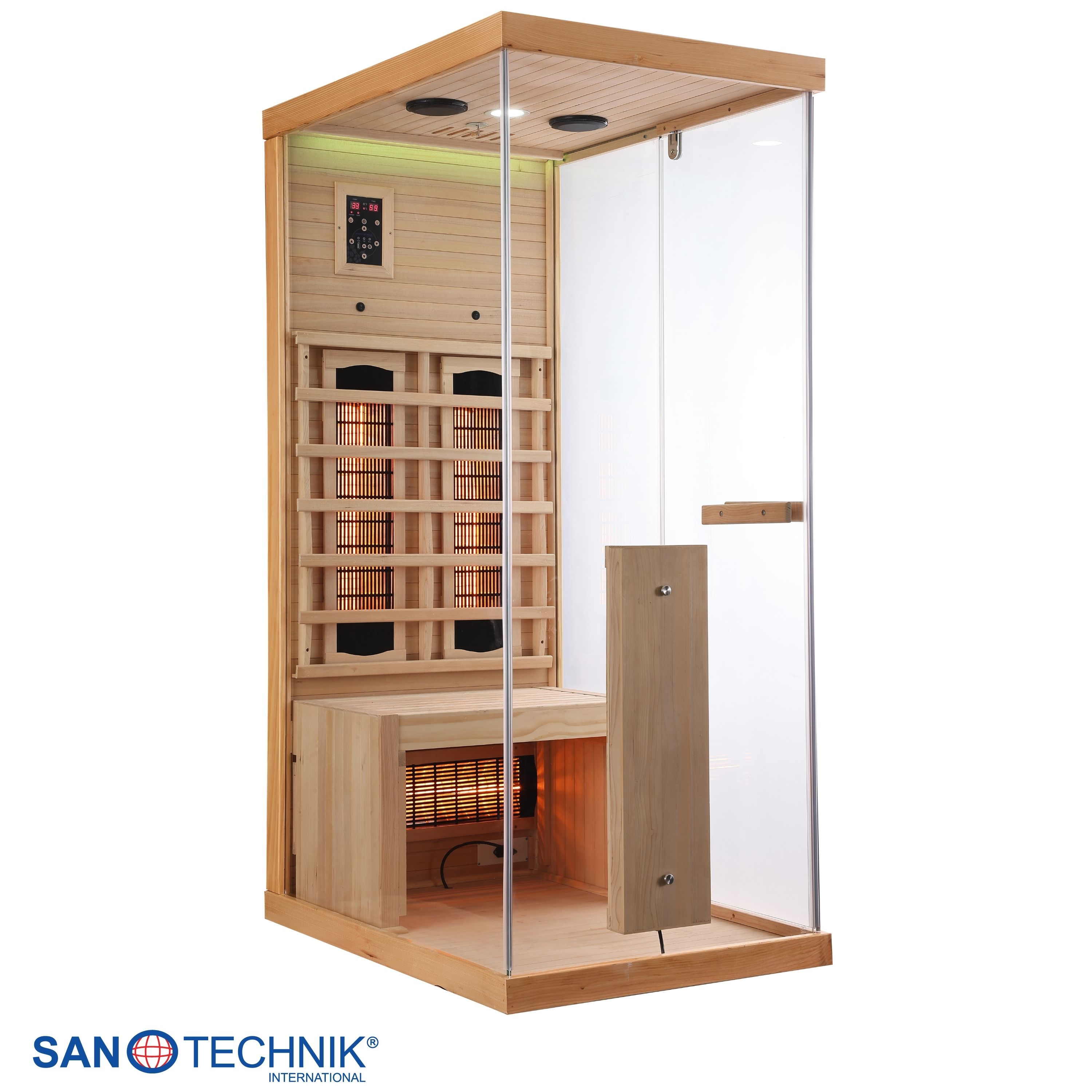 Eine Holzhütte mit Glastüren und Heizpaneelen, ausgestattet mit einer Sitzbank.