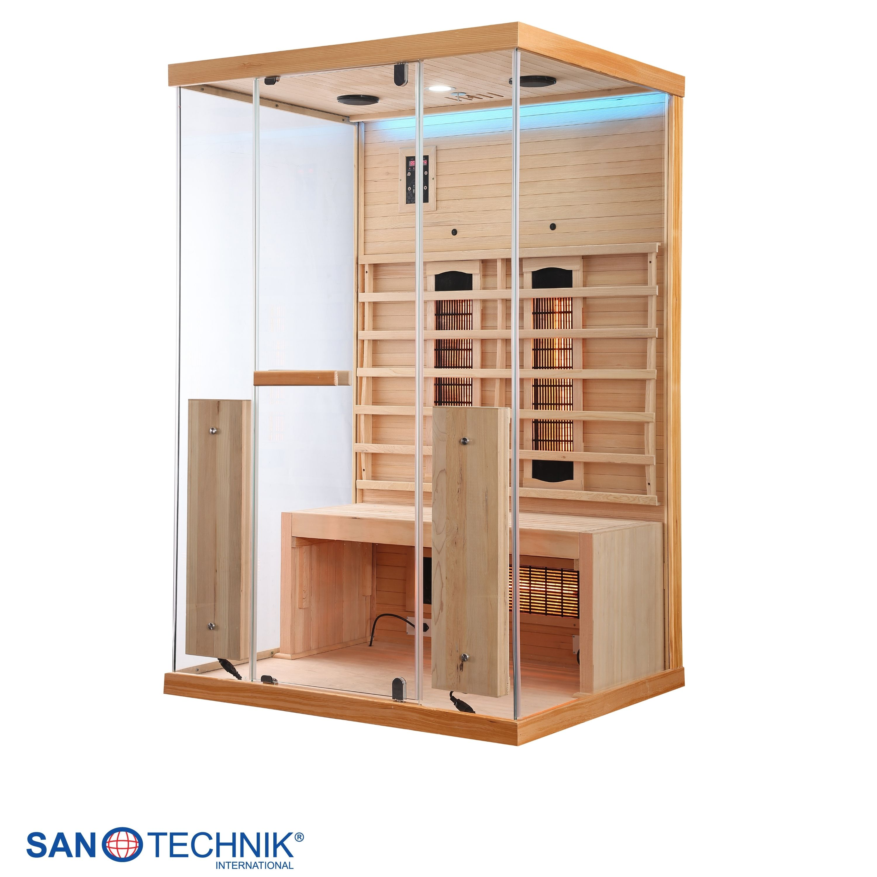 Eine moderne Holzinfrarotsauna mit Glastüren und Sitzbank.