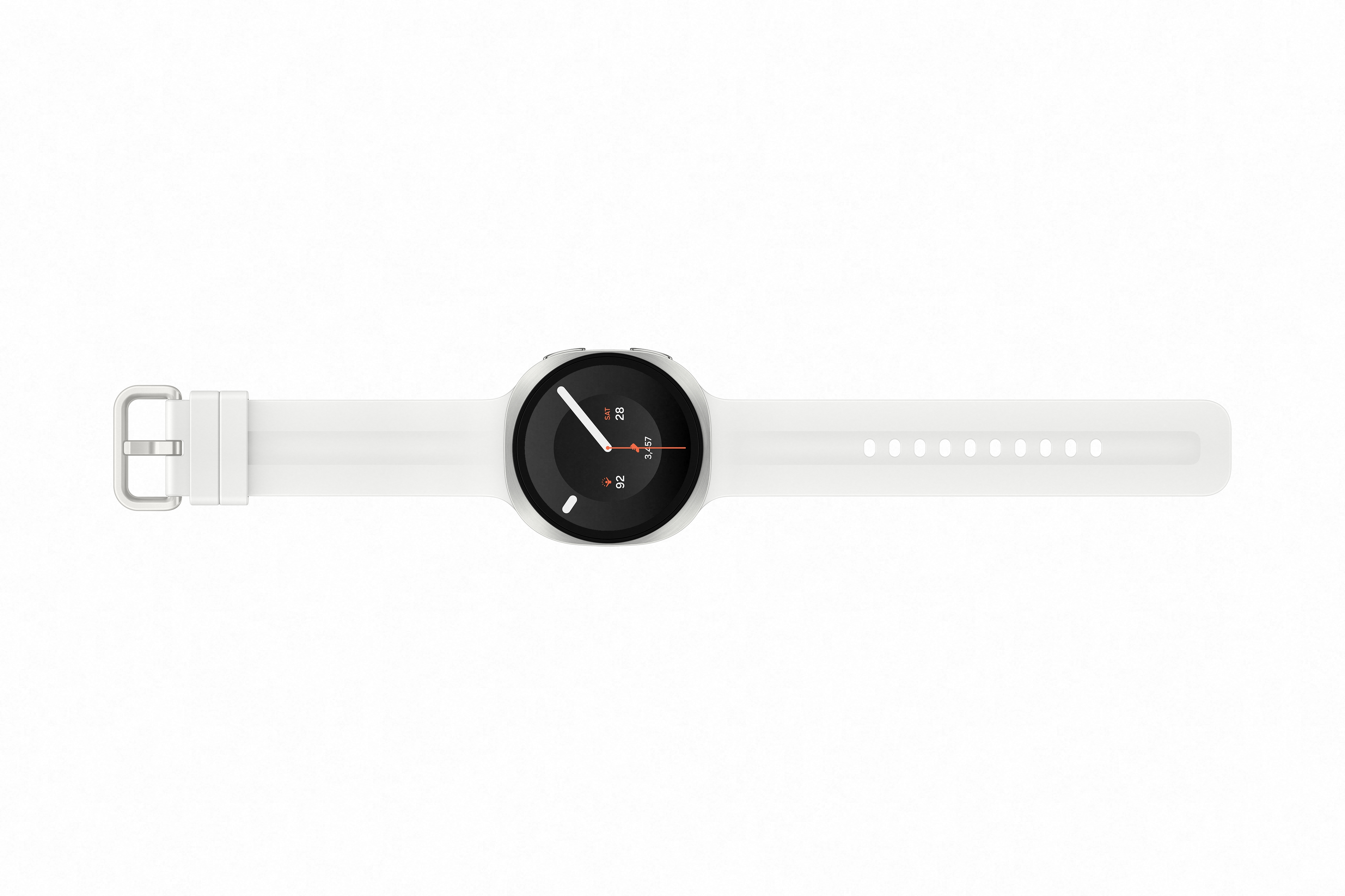 Eine weiße Smartwatch mit rundem Display und silbernem Armbandverschluss.