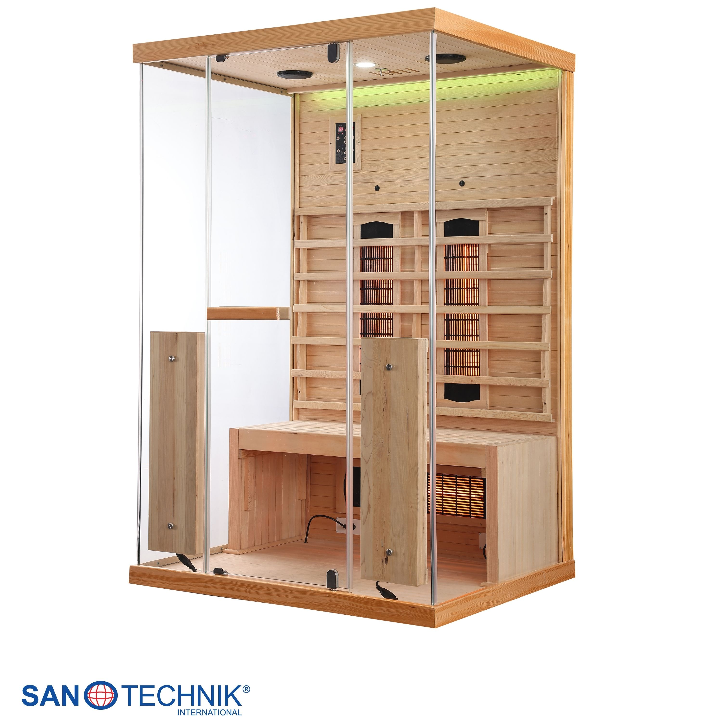 Eine Holzsauna mit Glastüren und Sitzbank, Heizstrahlern und Bedienfeld.