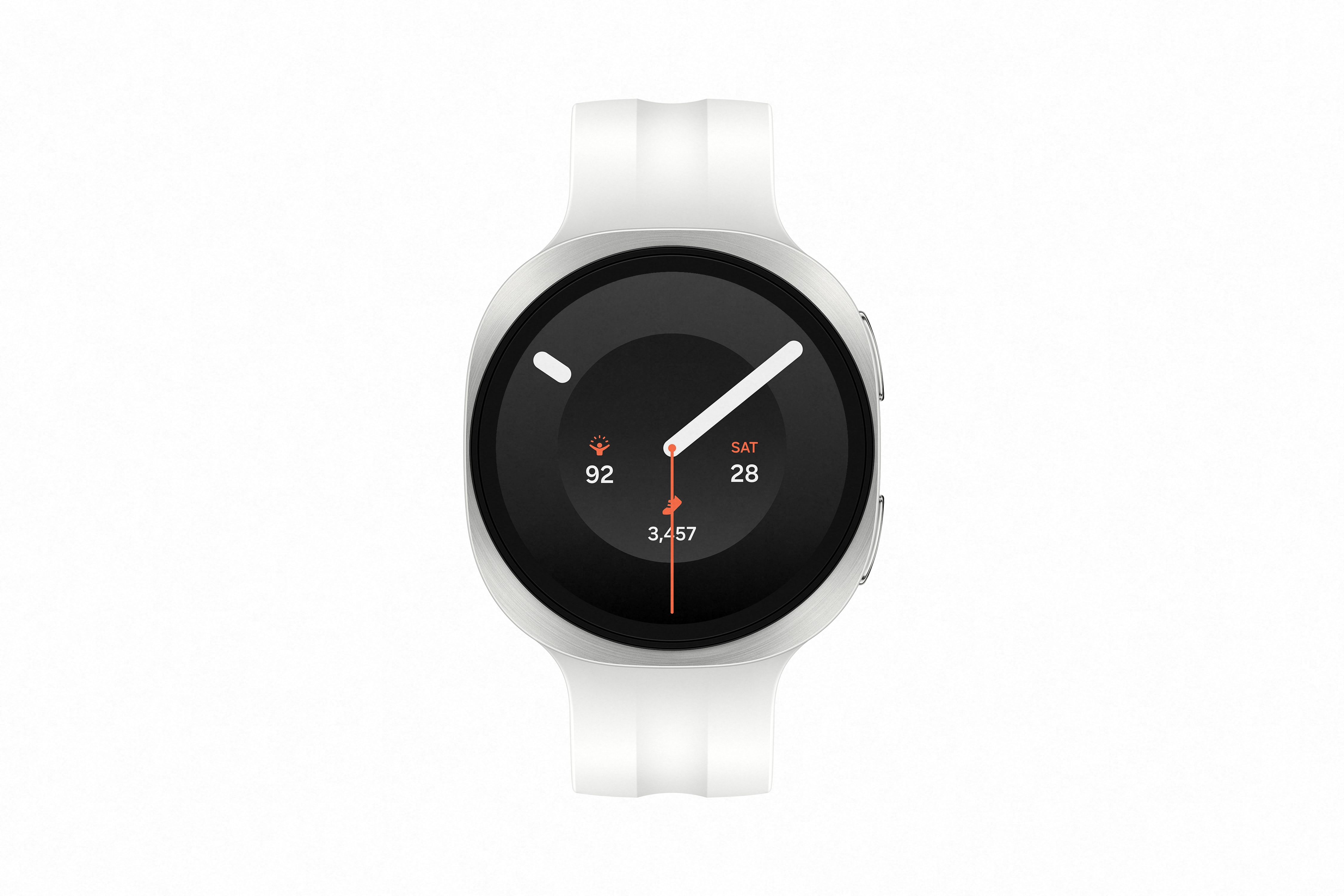 Eine weiße Smartwatch mit silbernem Gehäuse und schwarzem Display.