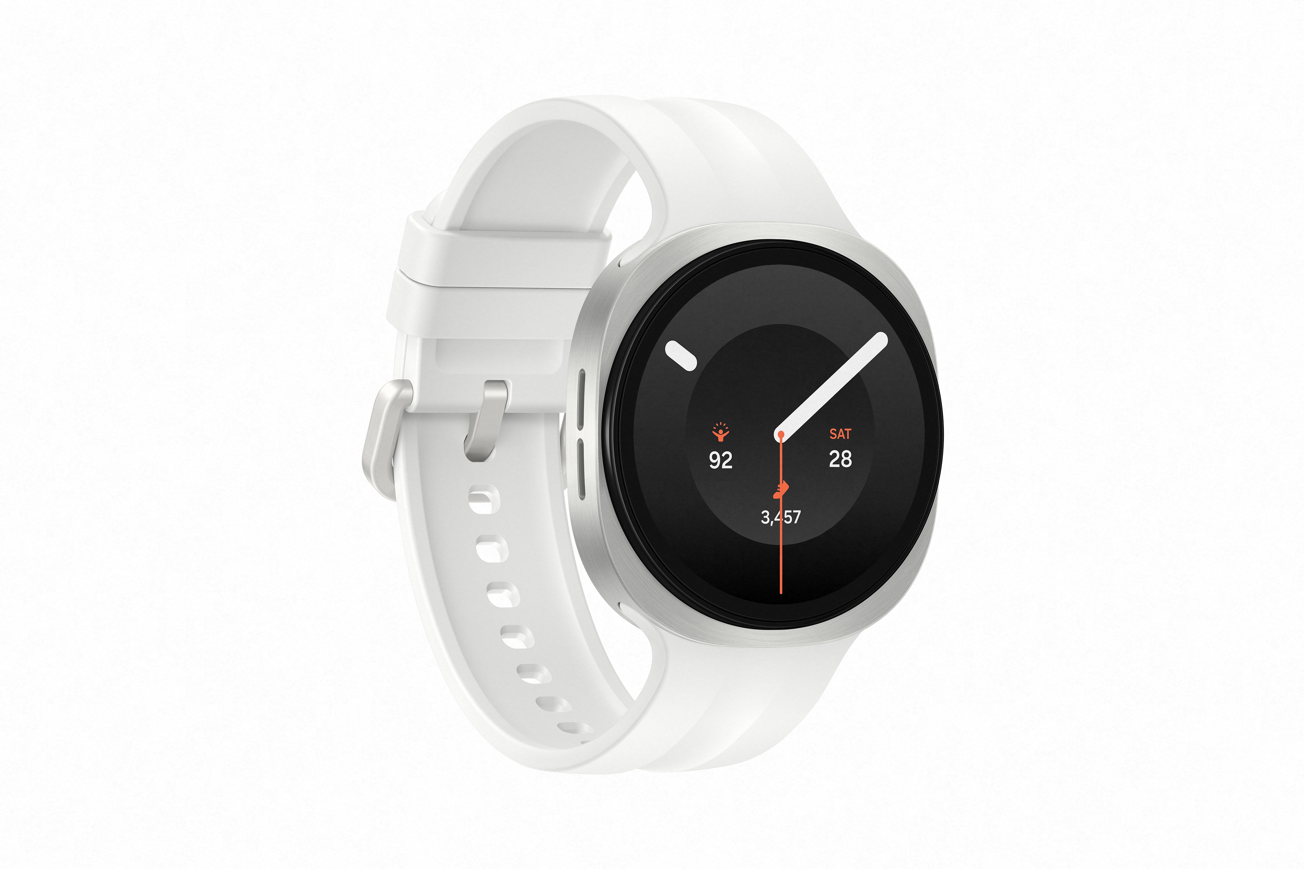 Weiße Smartwatch mit silbernem Gehäuse und schwarzem Zifferblatt, zeigt Datum und Uhrzeit an.