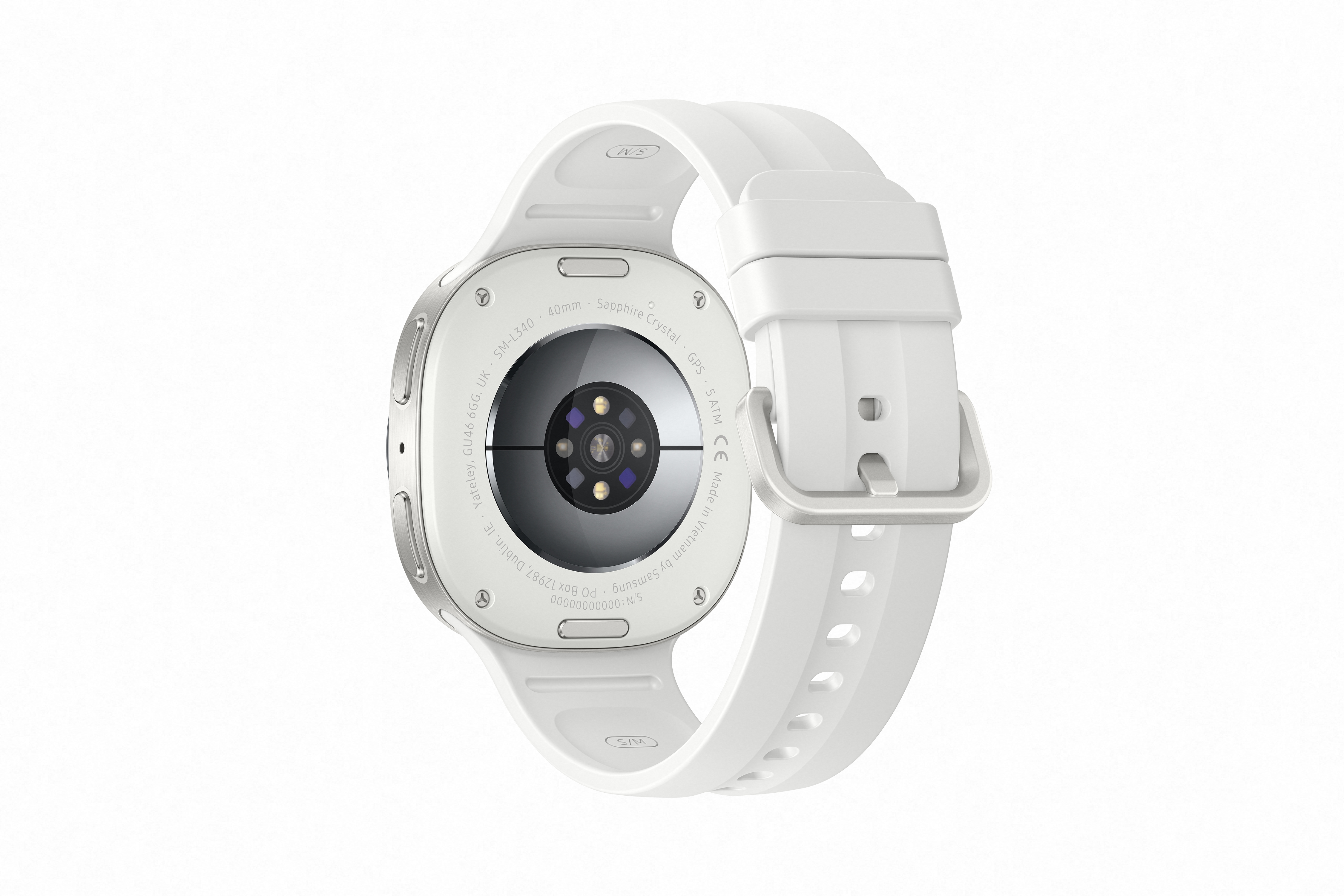 Rückseite einer weißen Smartwatch mit silbernem Gehäuse und Sensoren.