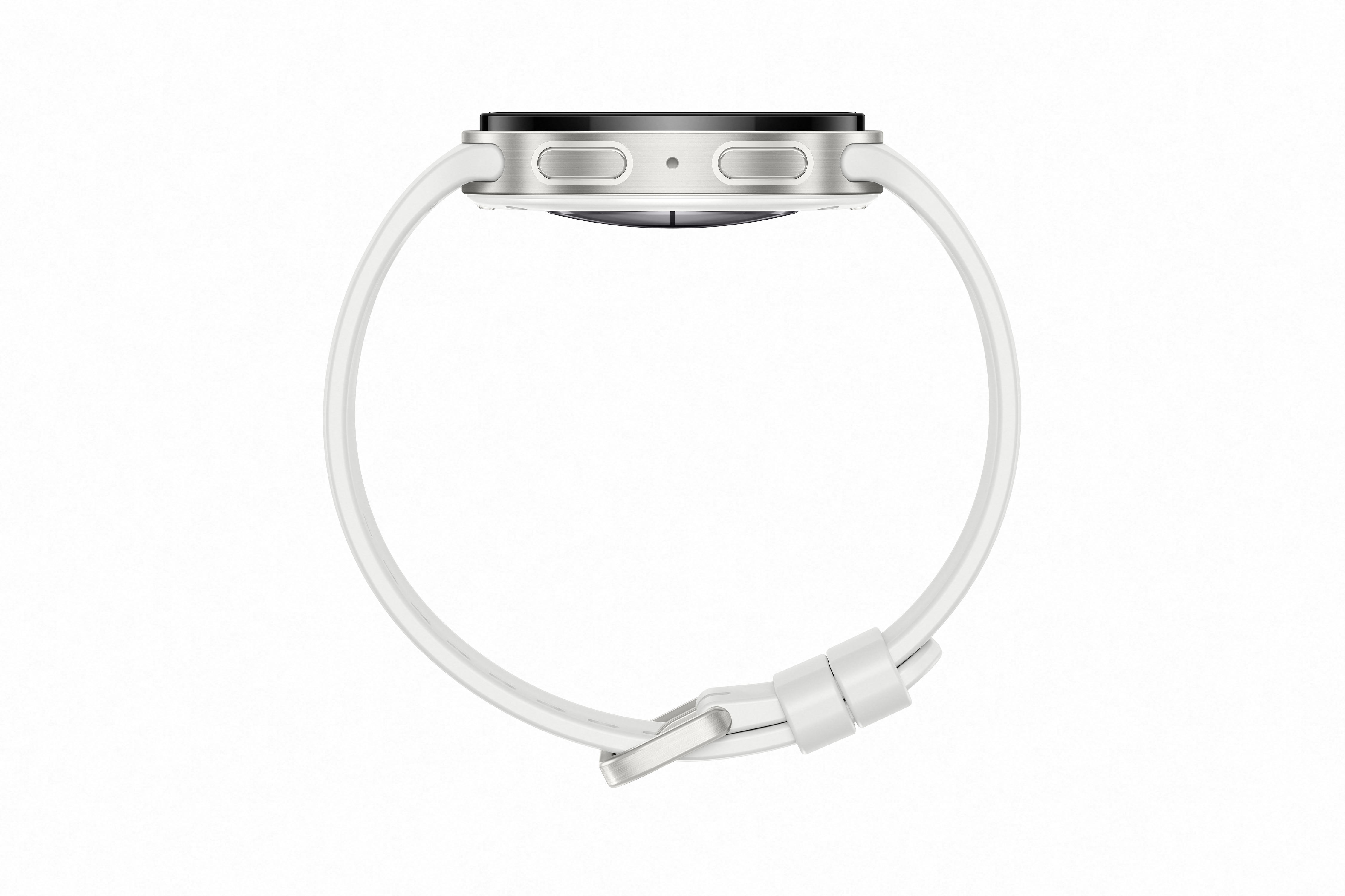 Eine weiße Smartwatch mit silbernem Gehäuse und seitlichen Knöpfen, von der Seite gesehen.