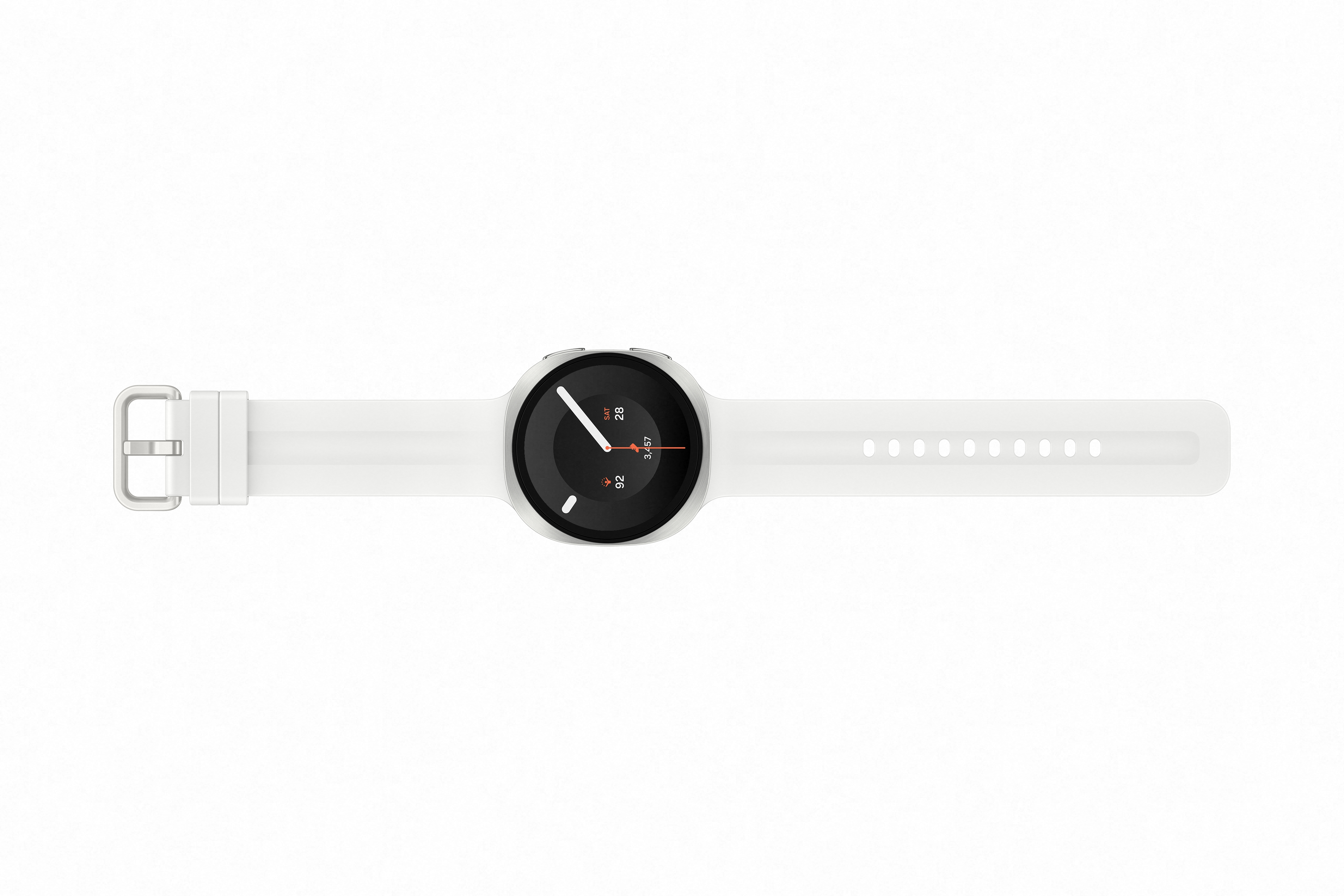 Eine weiße Smartwatch mit silbernem Verschluss und schwarzem Zifferblatt.