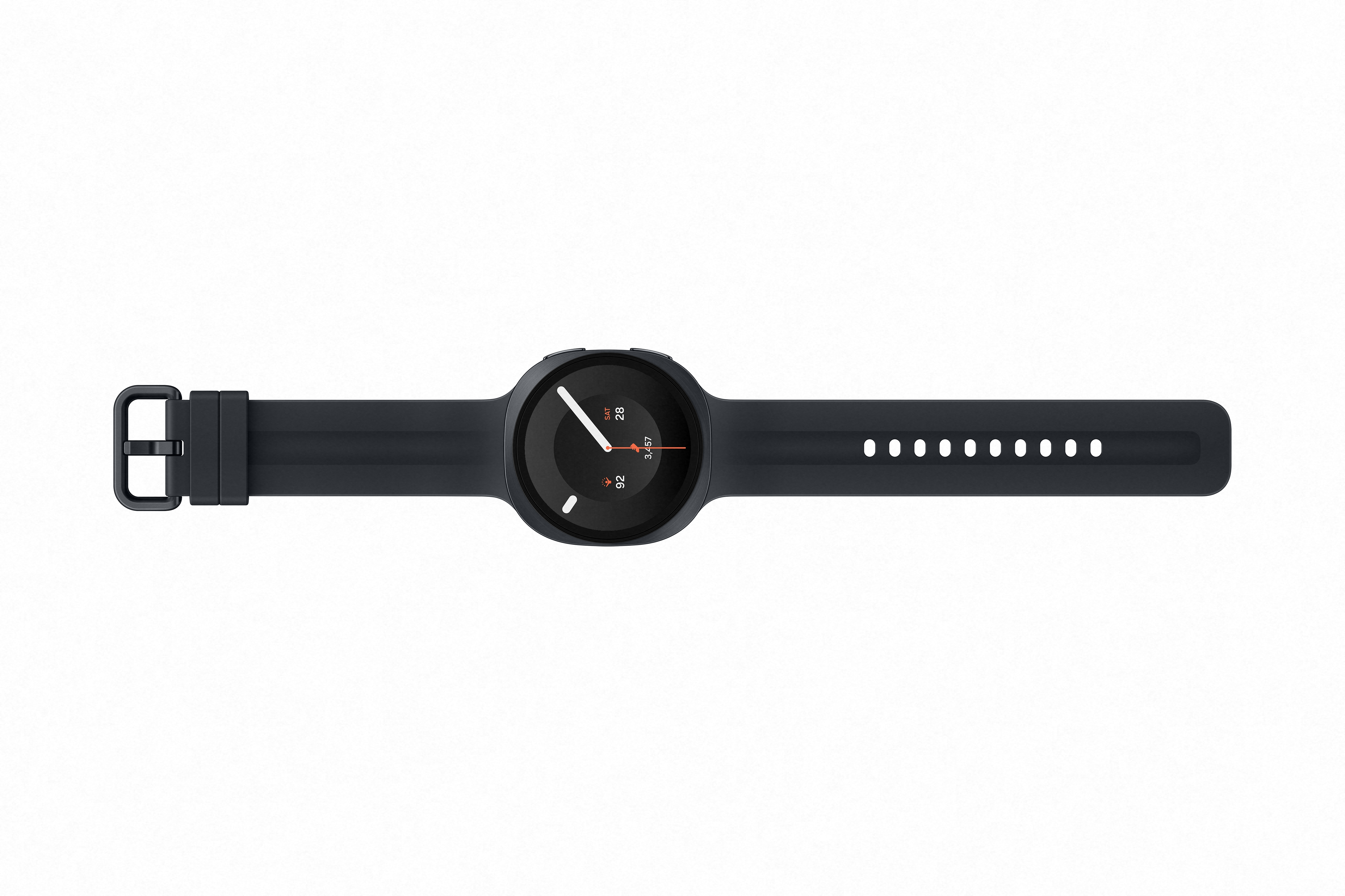 Eine dunkle Smartwatch mit schwarzem Armband und silbernen Schnallen.