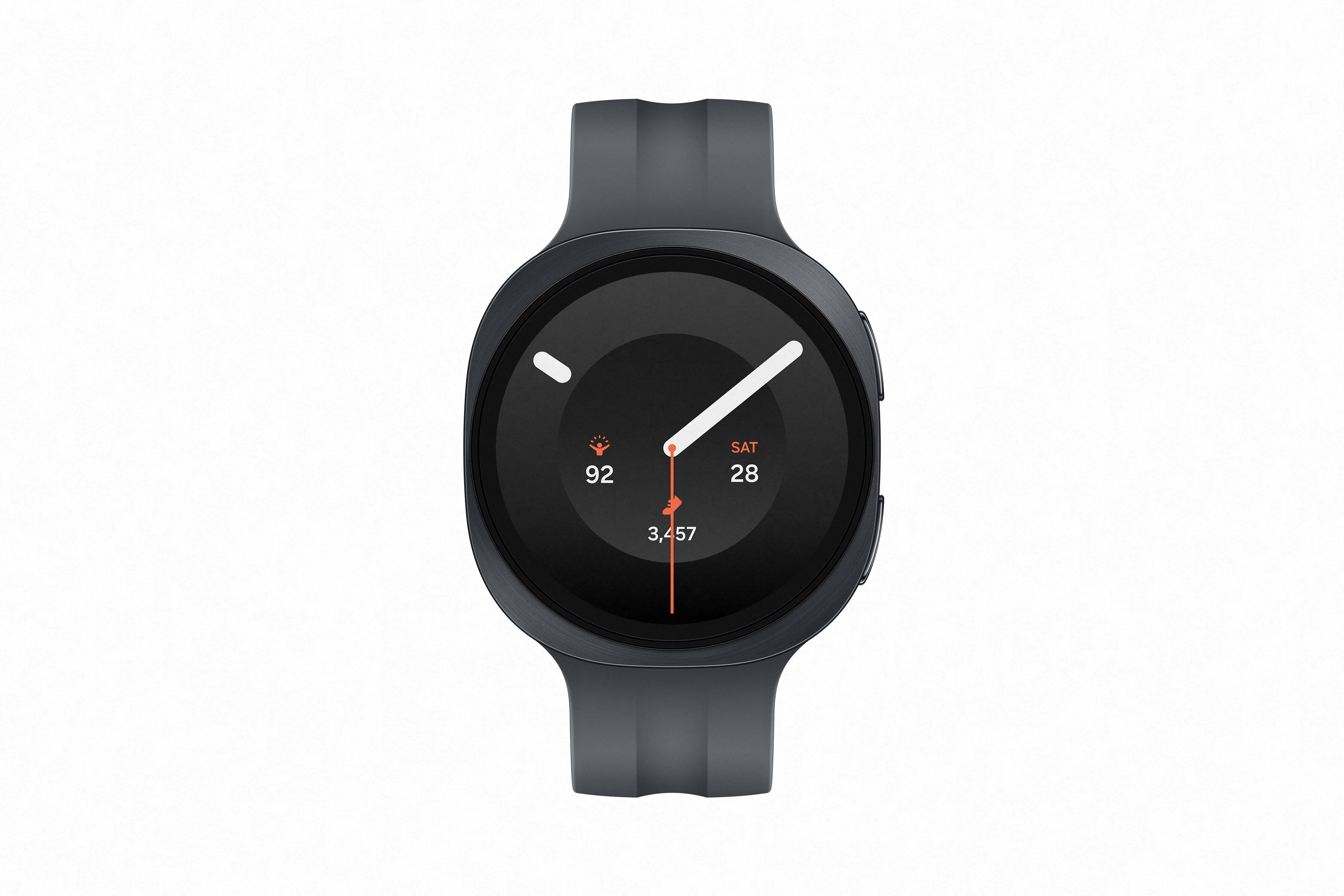 Dunkelgraue Smartwatch mit rundem Display, das Datum und Schritte anzeigt.