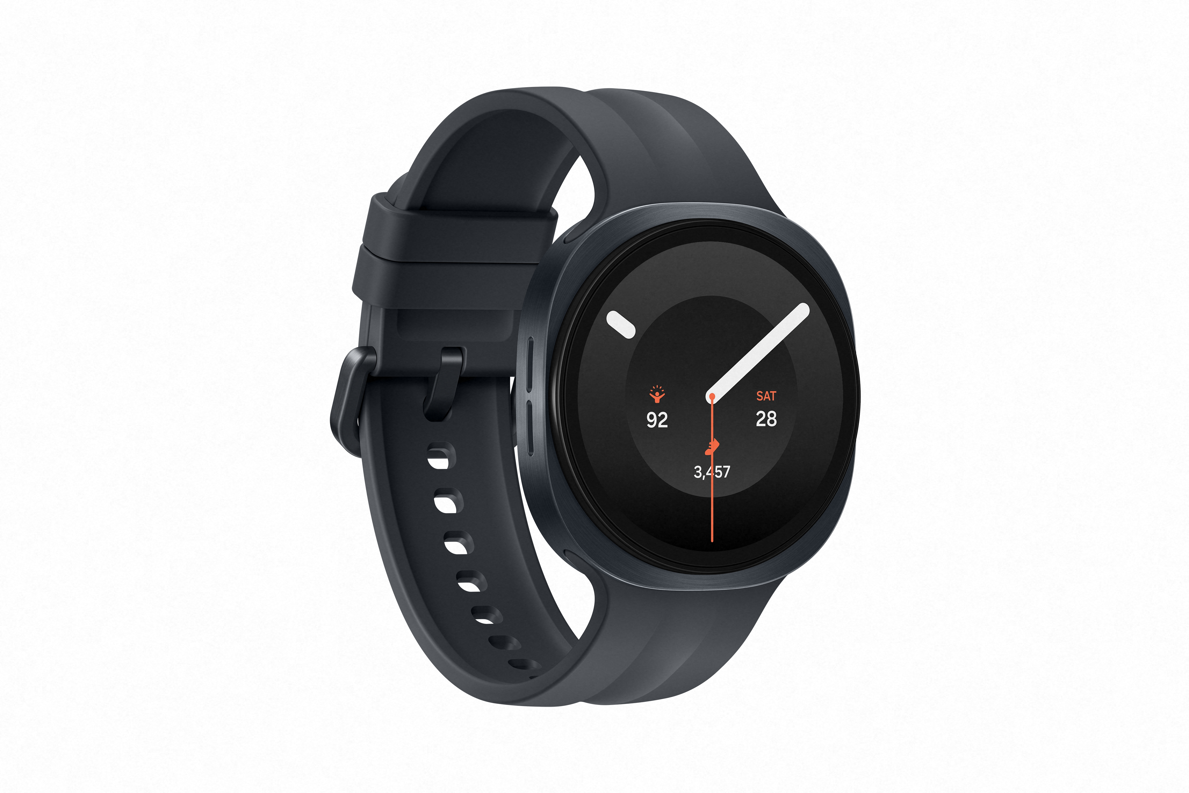 Dunkelgraue Smartwatch mit schwarzem Zifferblatt, das Datum und Schritte anzeigt.