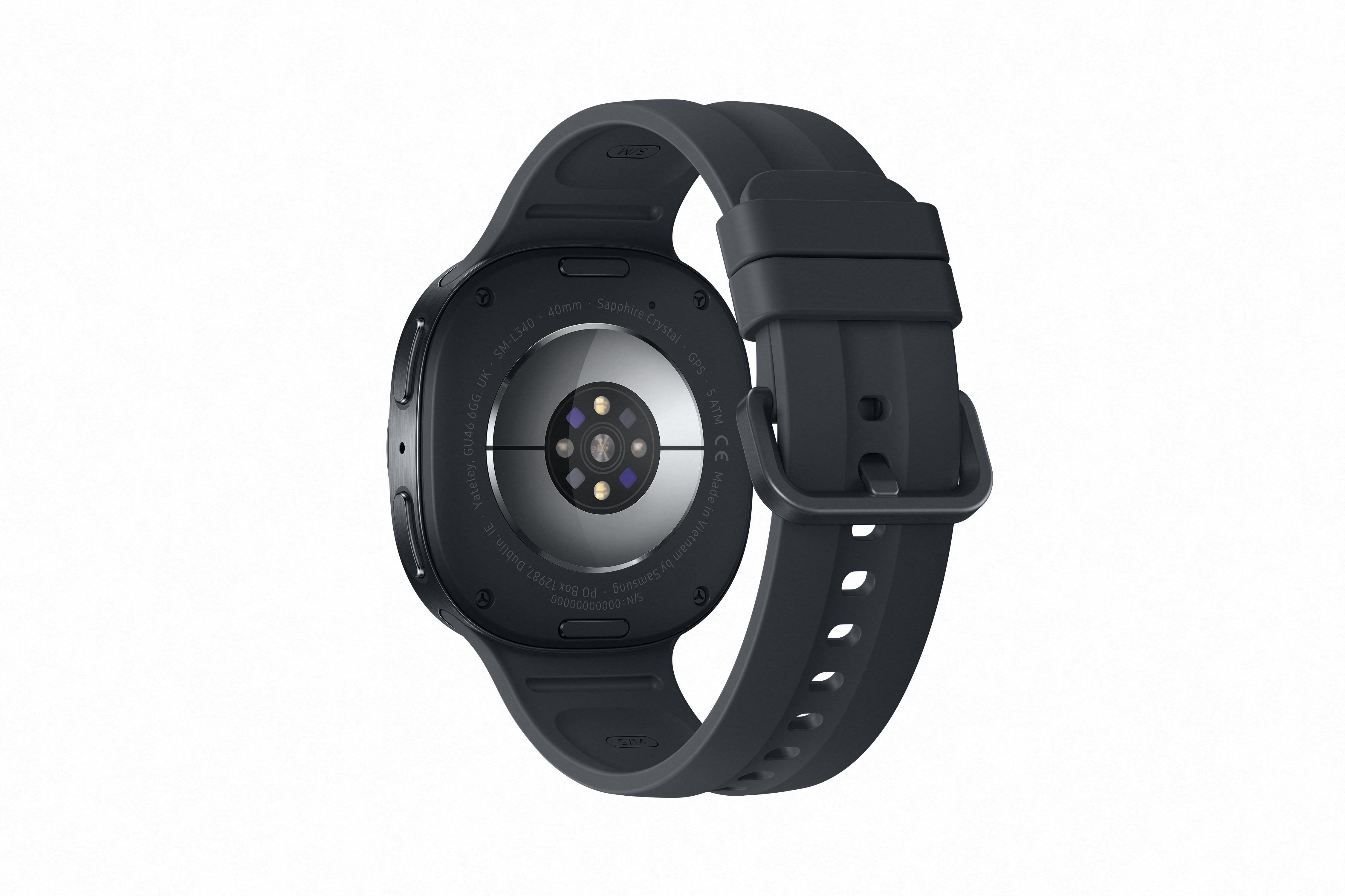 Rückseite einer schwarzen Smartwatch mit Silikonarmband und Herzfrequenzsensor.