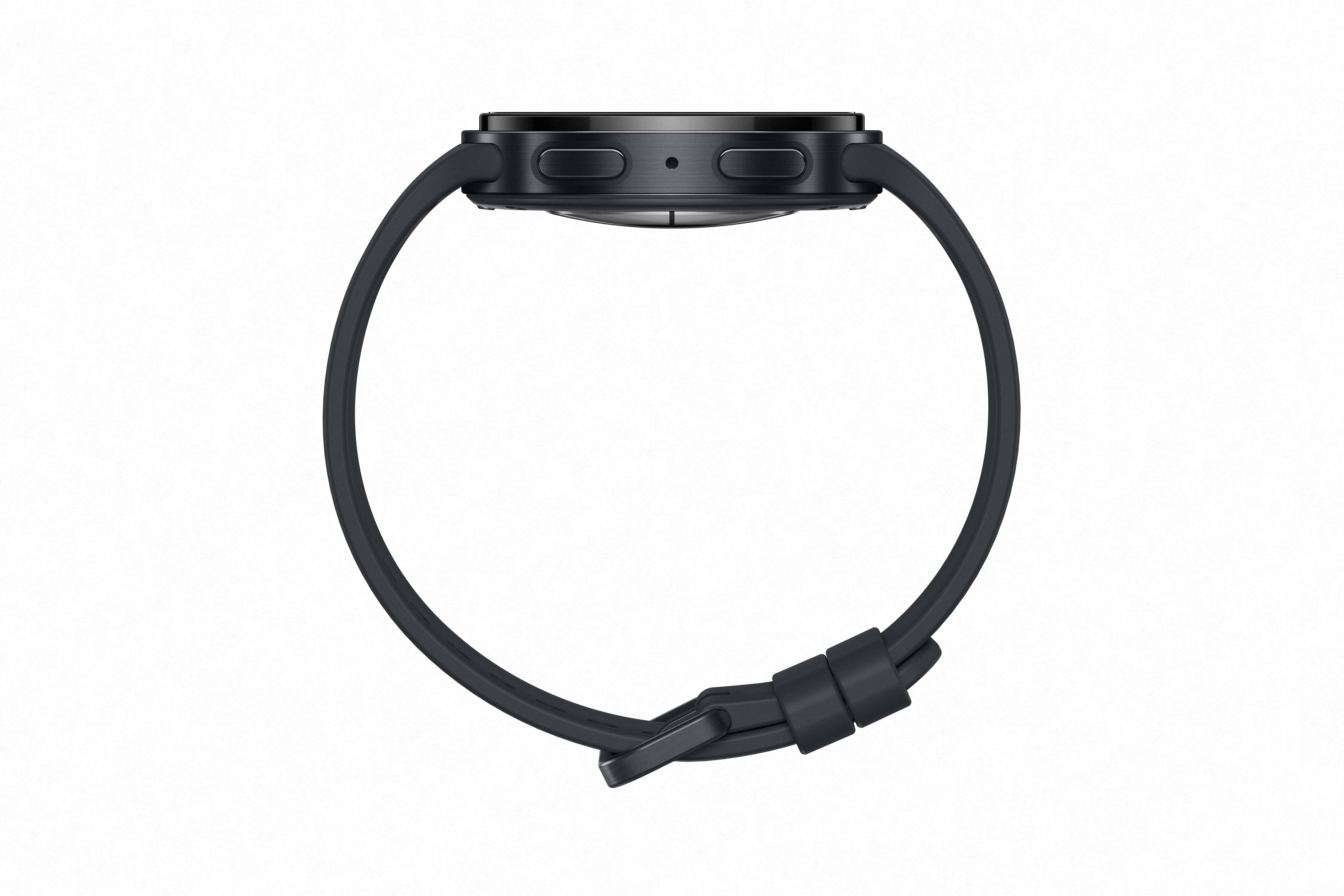 Eine schwarze Smartwatch mit Armband, von der Seite gesehen, auf weißem Hintergrund.