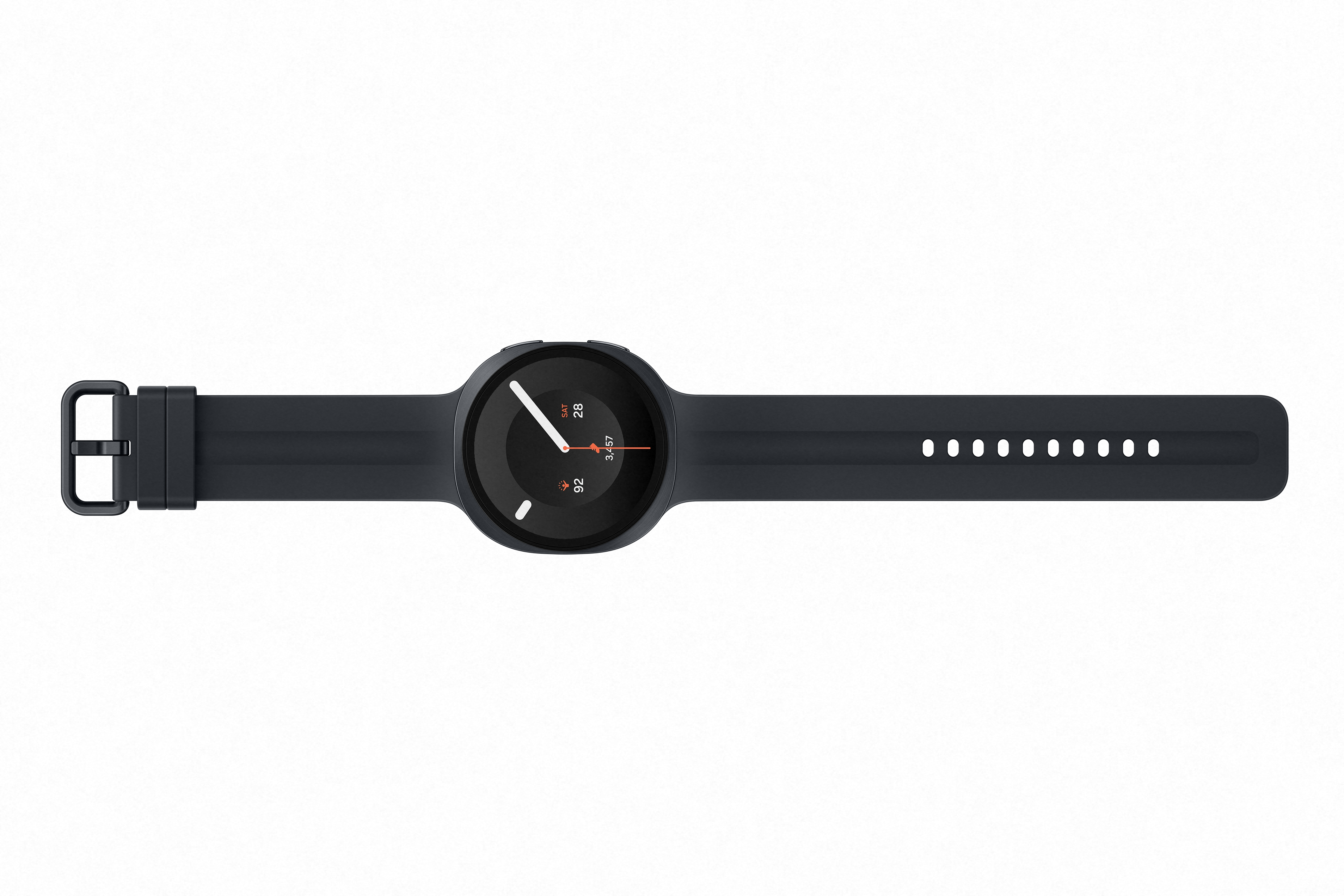 Eine dunkle Smartwatch mit schwarzem Armband und silberner Schnalle auf weißem Hintergrund.