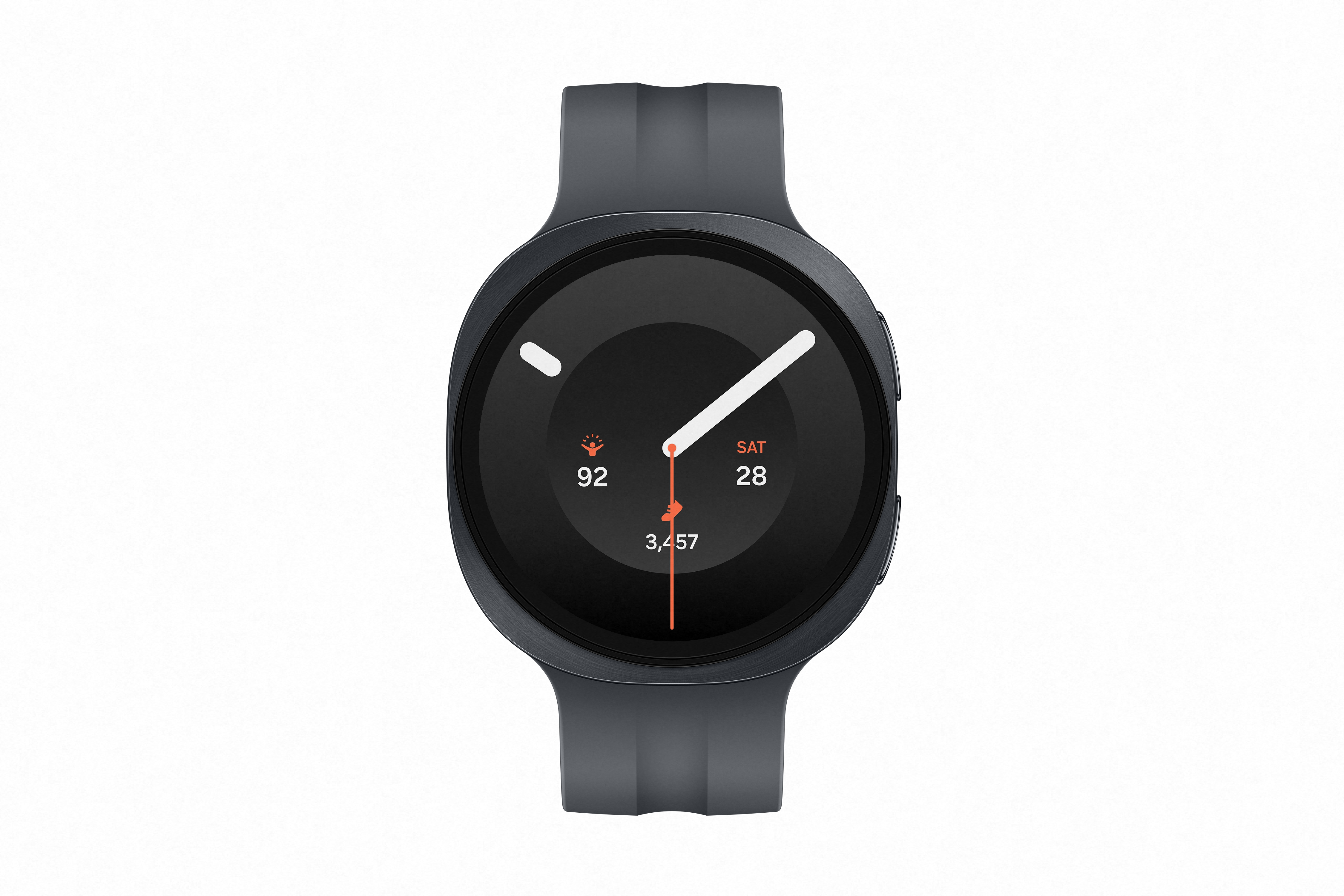 Dunkelgraue Smartwatch mit schwarzem Zifferblatt und weißen Zeigern.