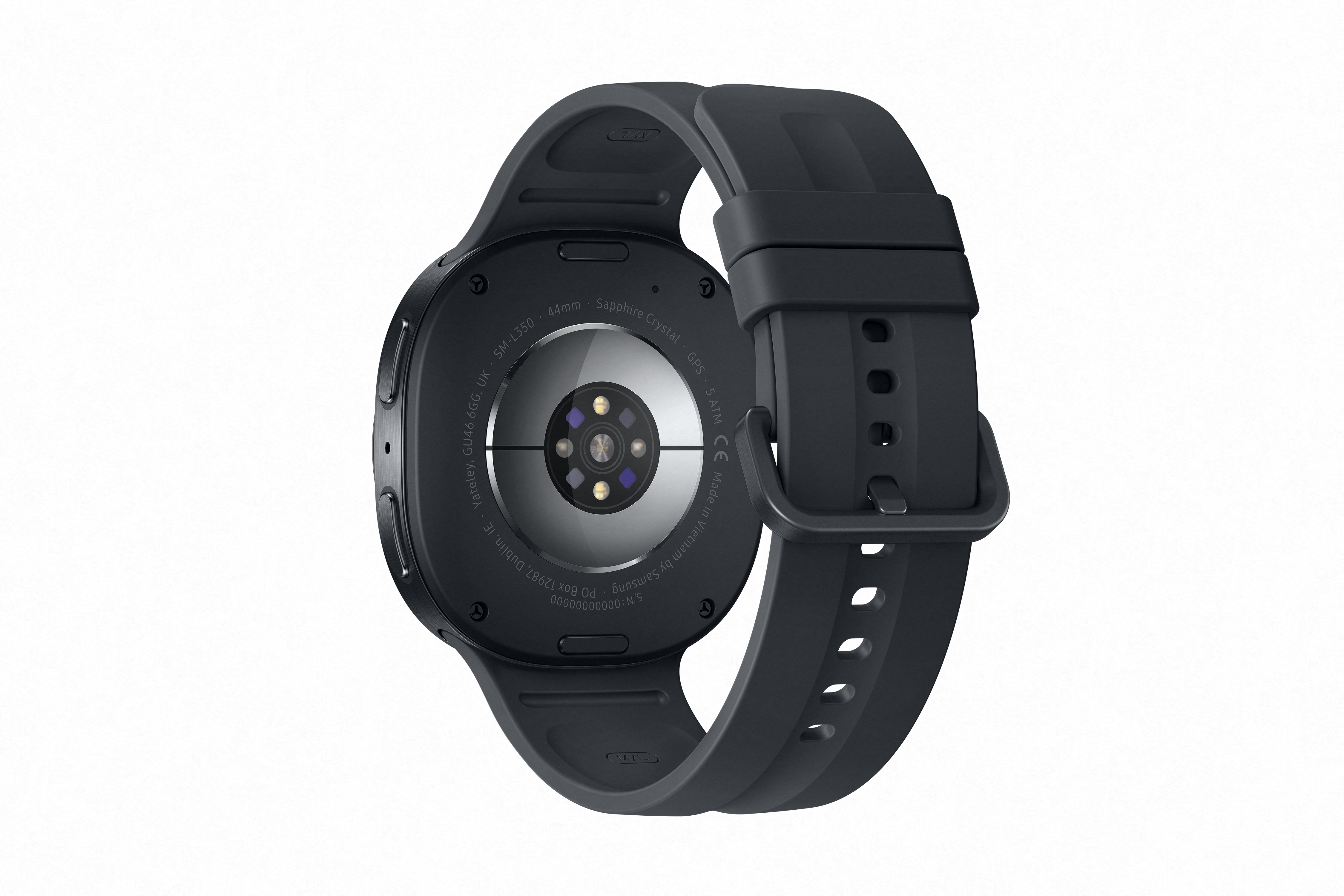 Dunkelgraue Smartwatch mit schwarzem Armband, Rückseite mit Sensoren.