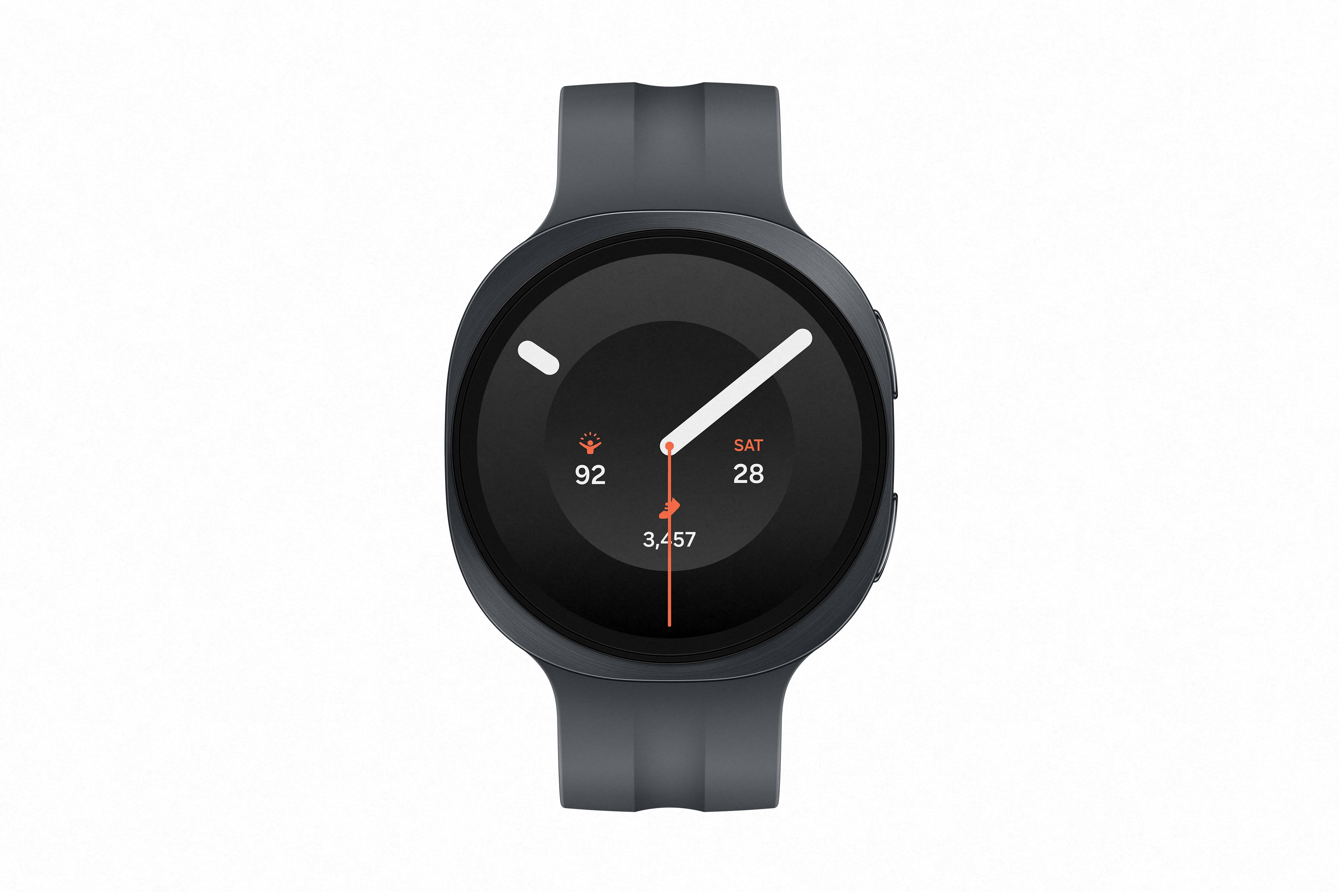 Graue Smartwatch mit schwarzem Zifferblatt zeigt Datum, Schritte und Aktivität.