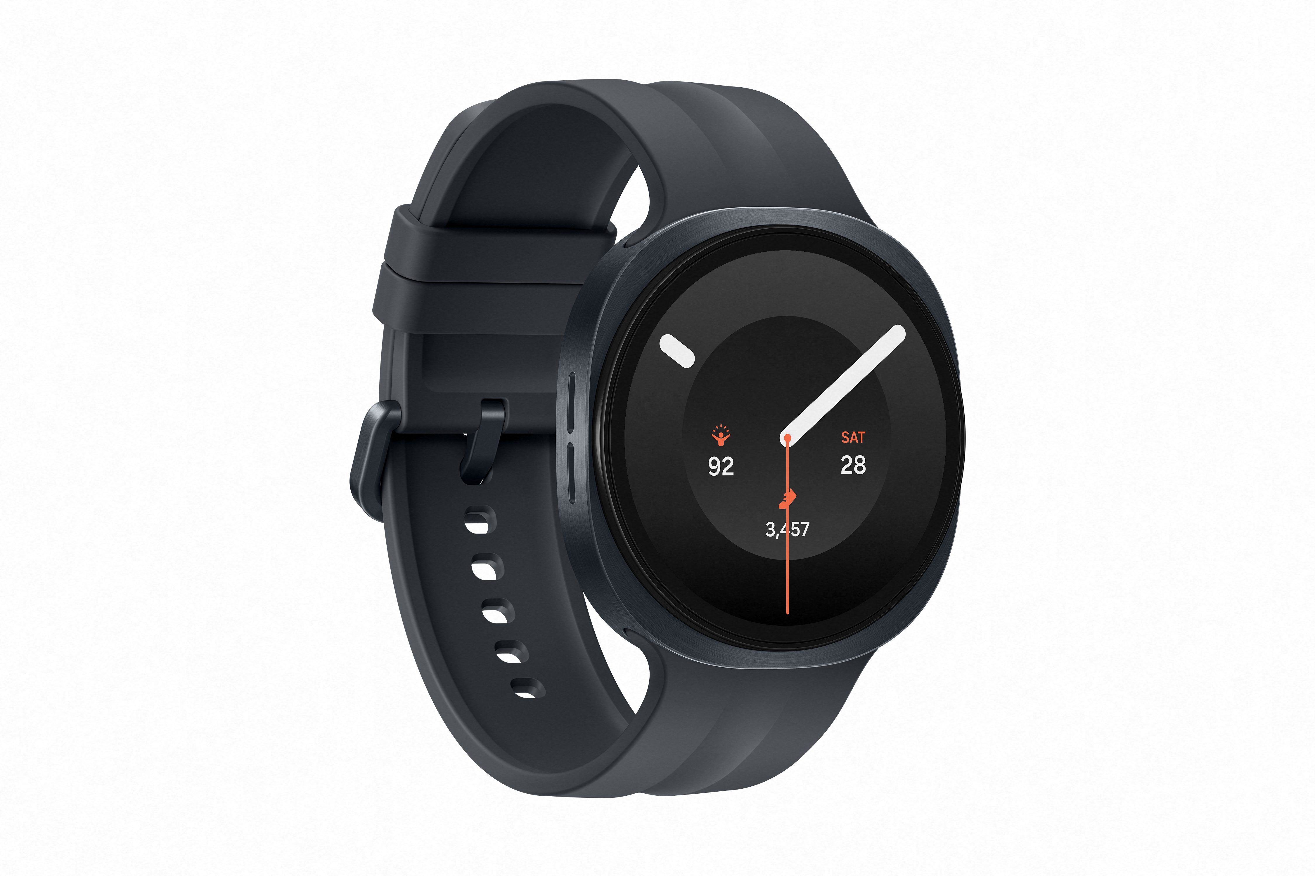 Dunkelgraue Smartwatch mit schwarzem Armband und dunklem Zifferblatt mit weißen Zeigern.