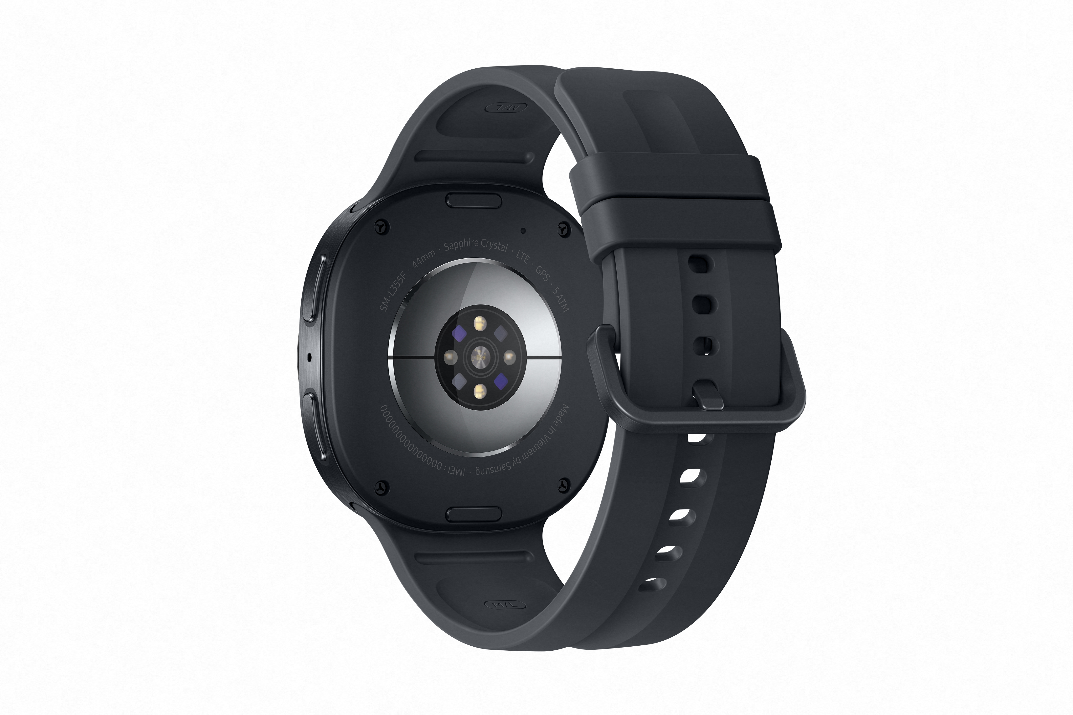 Rückseite einer schwarzen Smartwatch mit Silikonarmband. Details sind sichtbar.