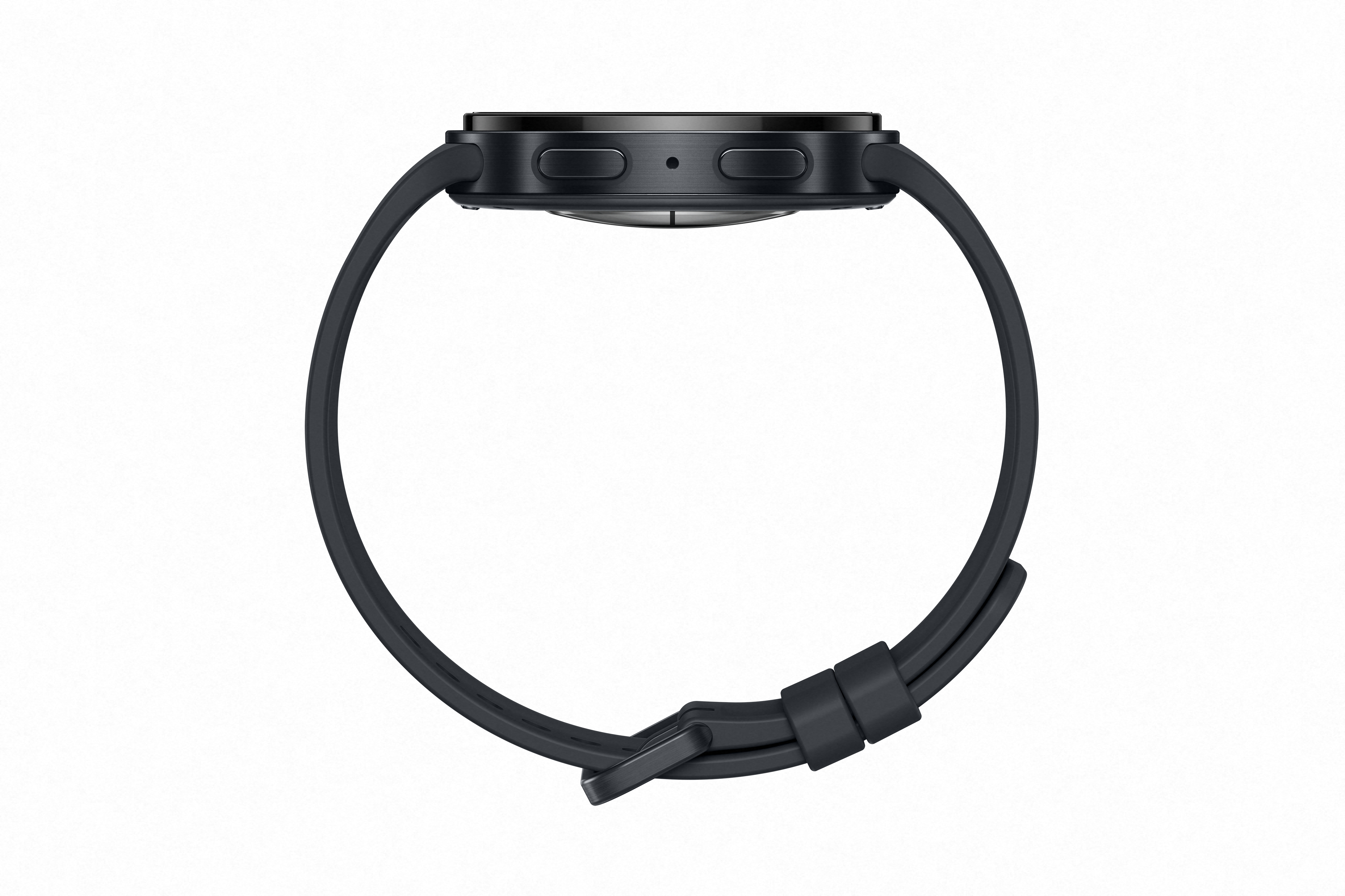 Schwarze Smartwatch mit Silikonarmband, von der Seite gezeigt.