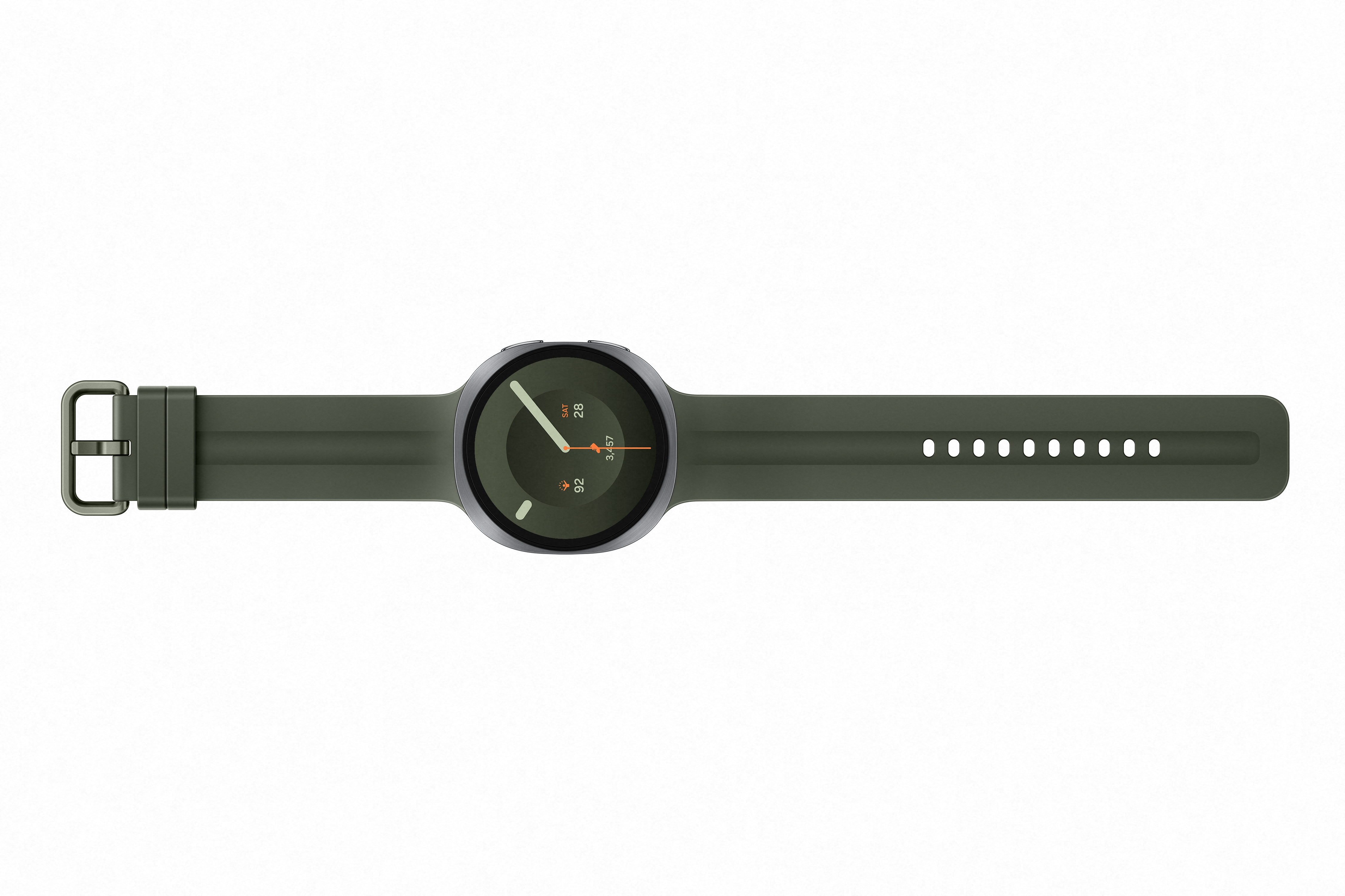 Eine grüne Smartwatch mit silbernem Gehäuse und Armband.