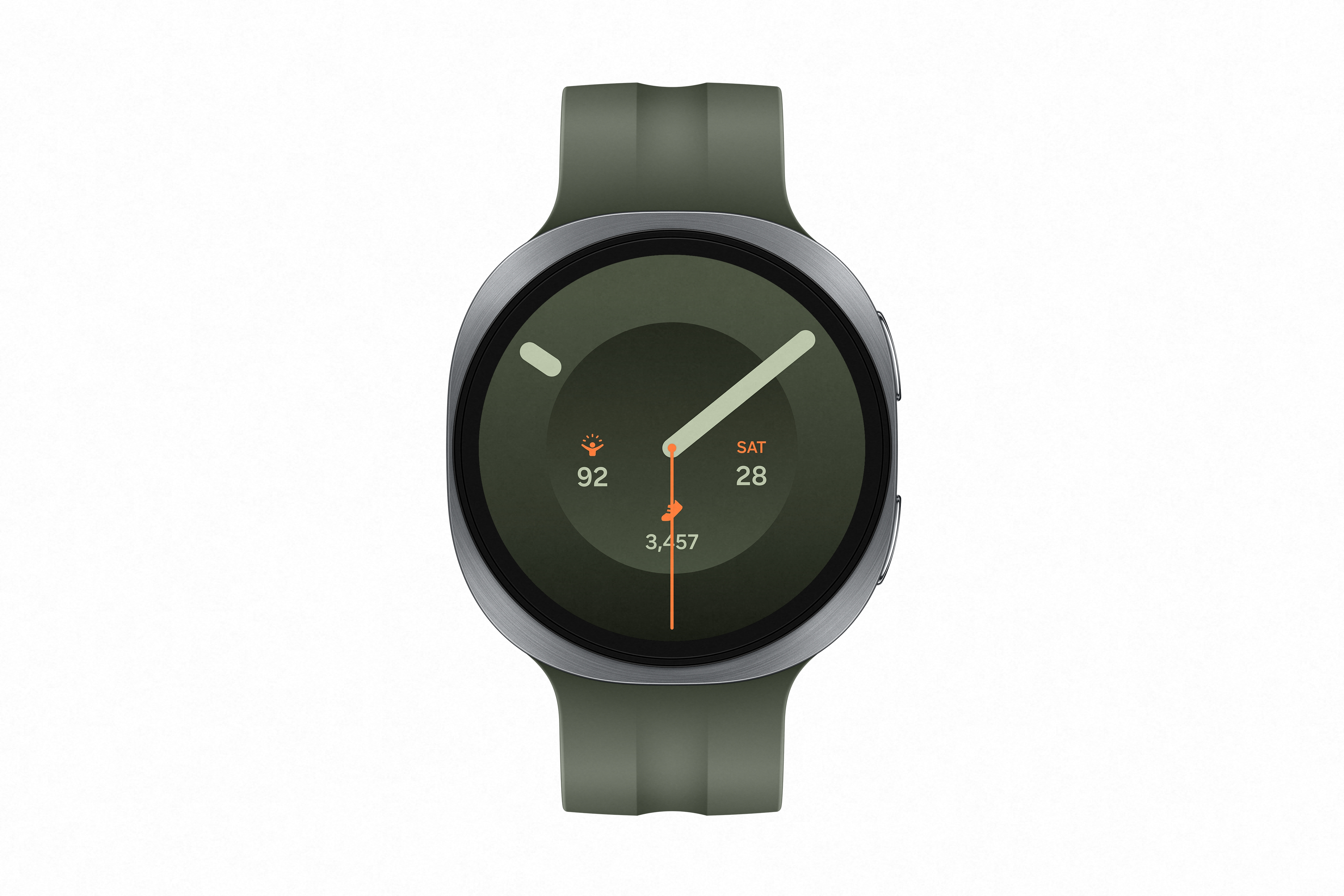 Eine grüne Smartwatch mit silbernem Gehäuse auf weißem Hintergrund.
