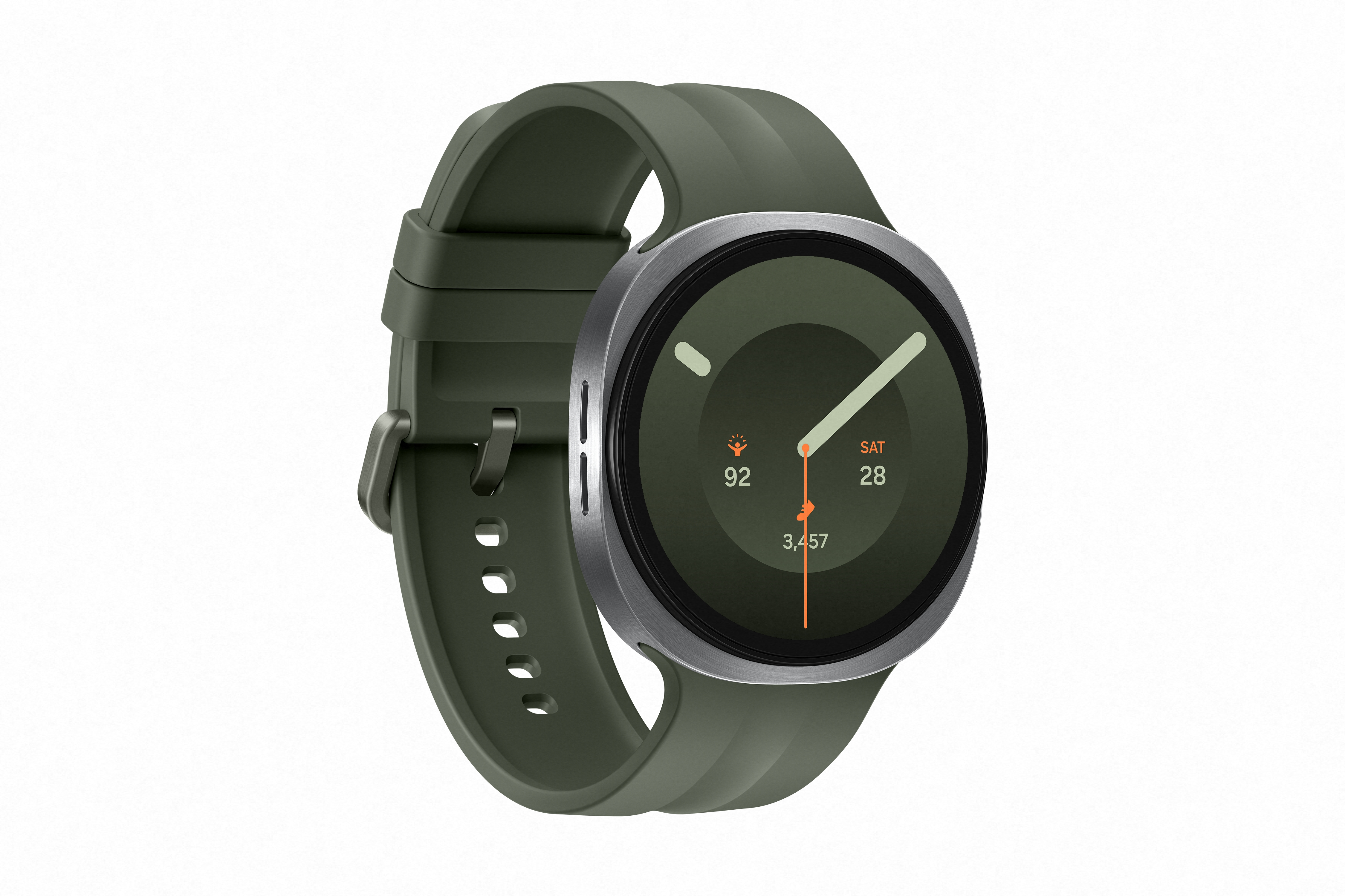 Eine grüne Smartwatch mit silbernem Rand und dunklem Zifferblatt.