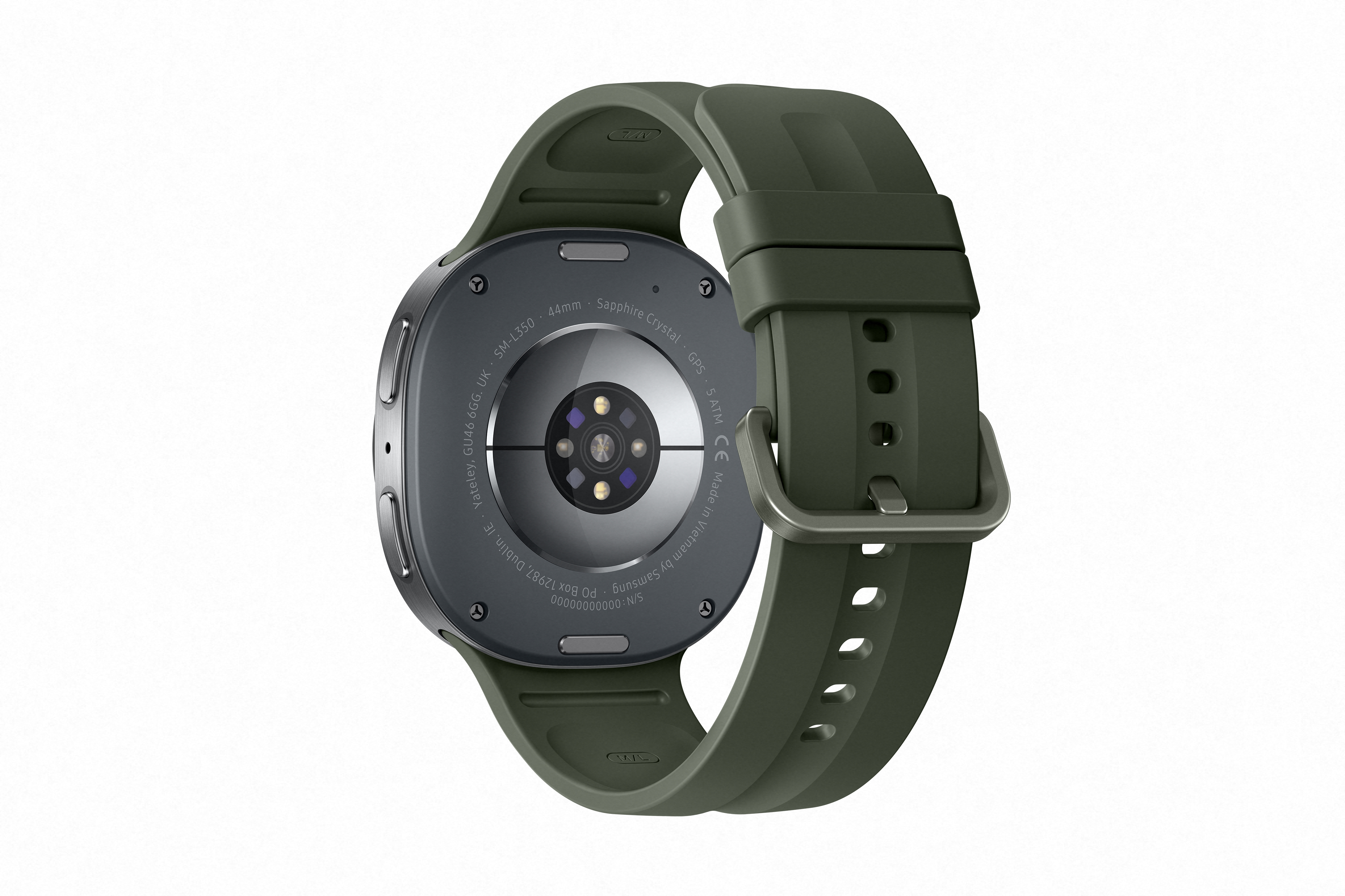 Rückseite einer grünen Smartwatch mit silbernem Armbandverschluss auf weißem Hintergrund.