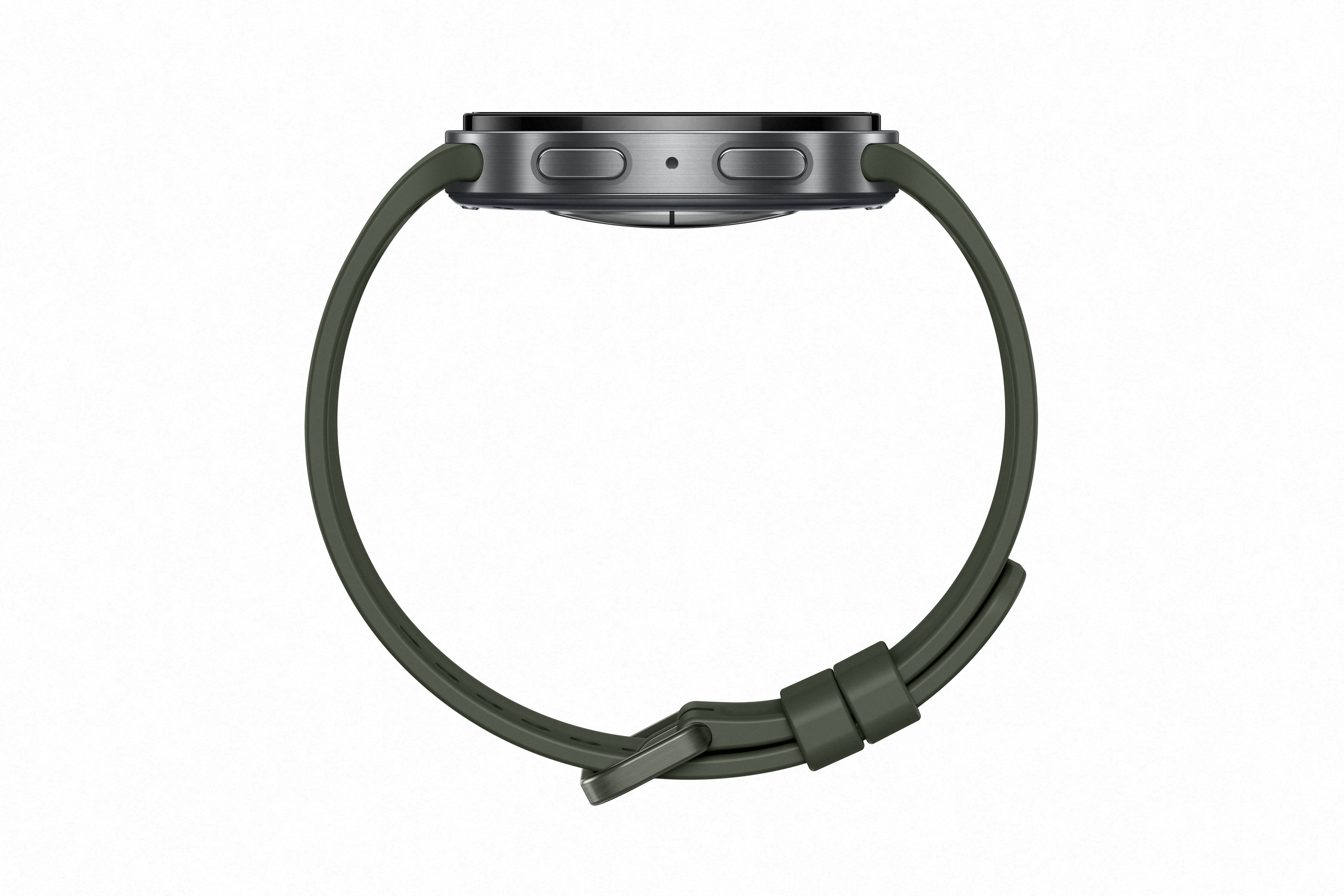 Graue Smartwatch mit grünem Armband, Seitenansicht.