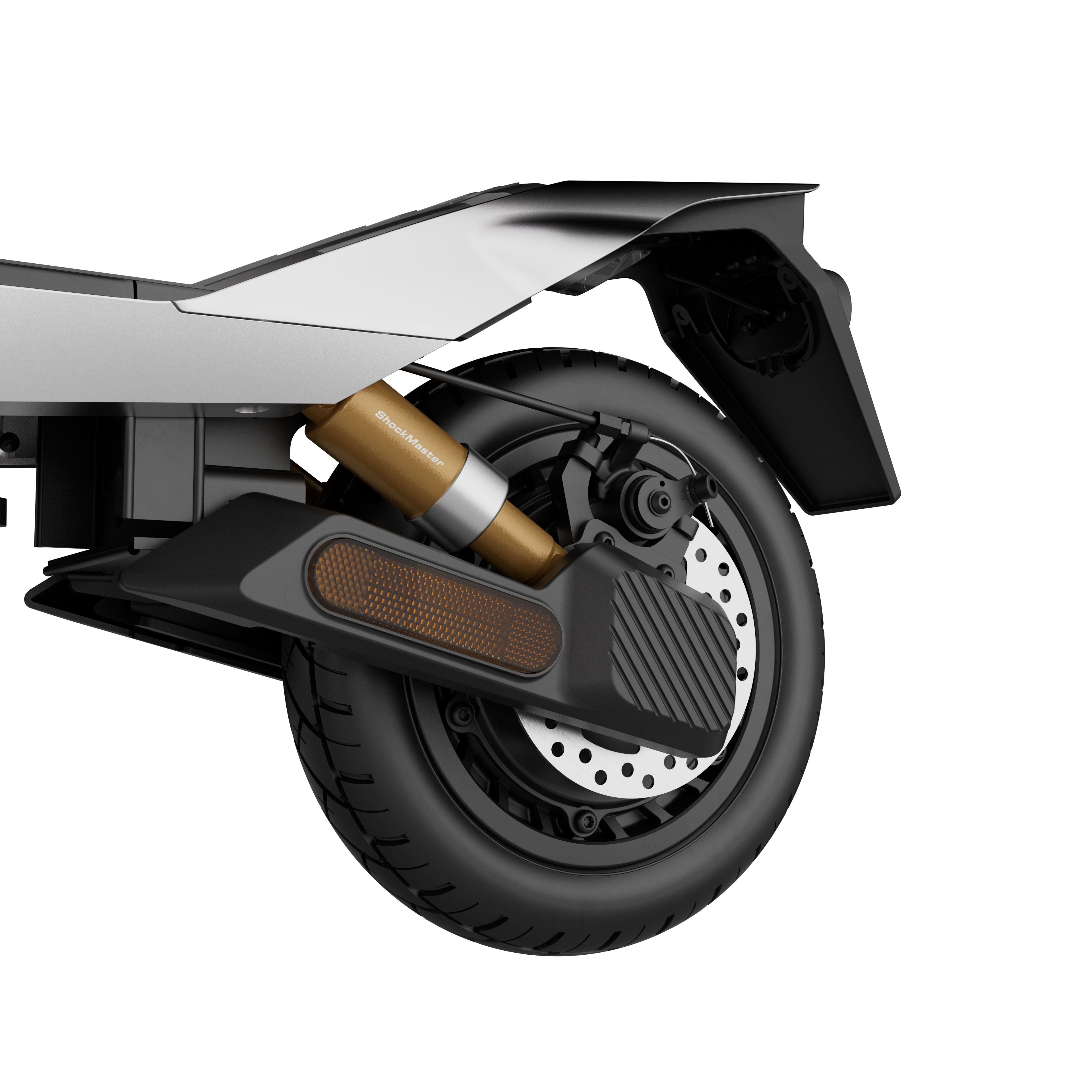 Detailansicht des Hinterrads eines E-Scooters mit Stoßdämpfer.