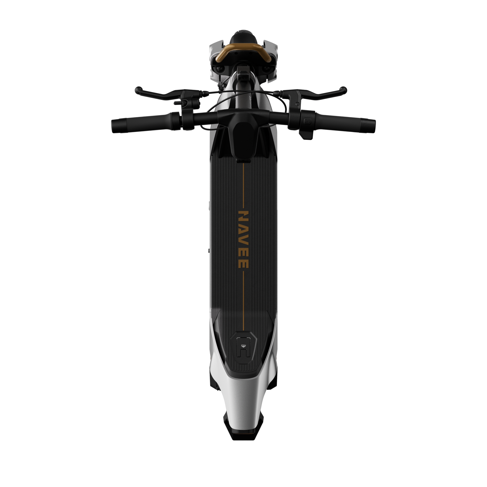 Ein elektrischer Roller mit silbernem und schwarzem Design, Navigationsleiste.