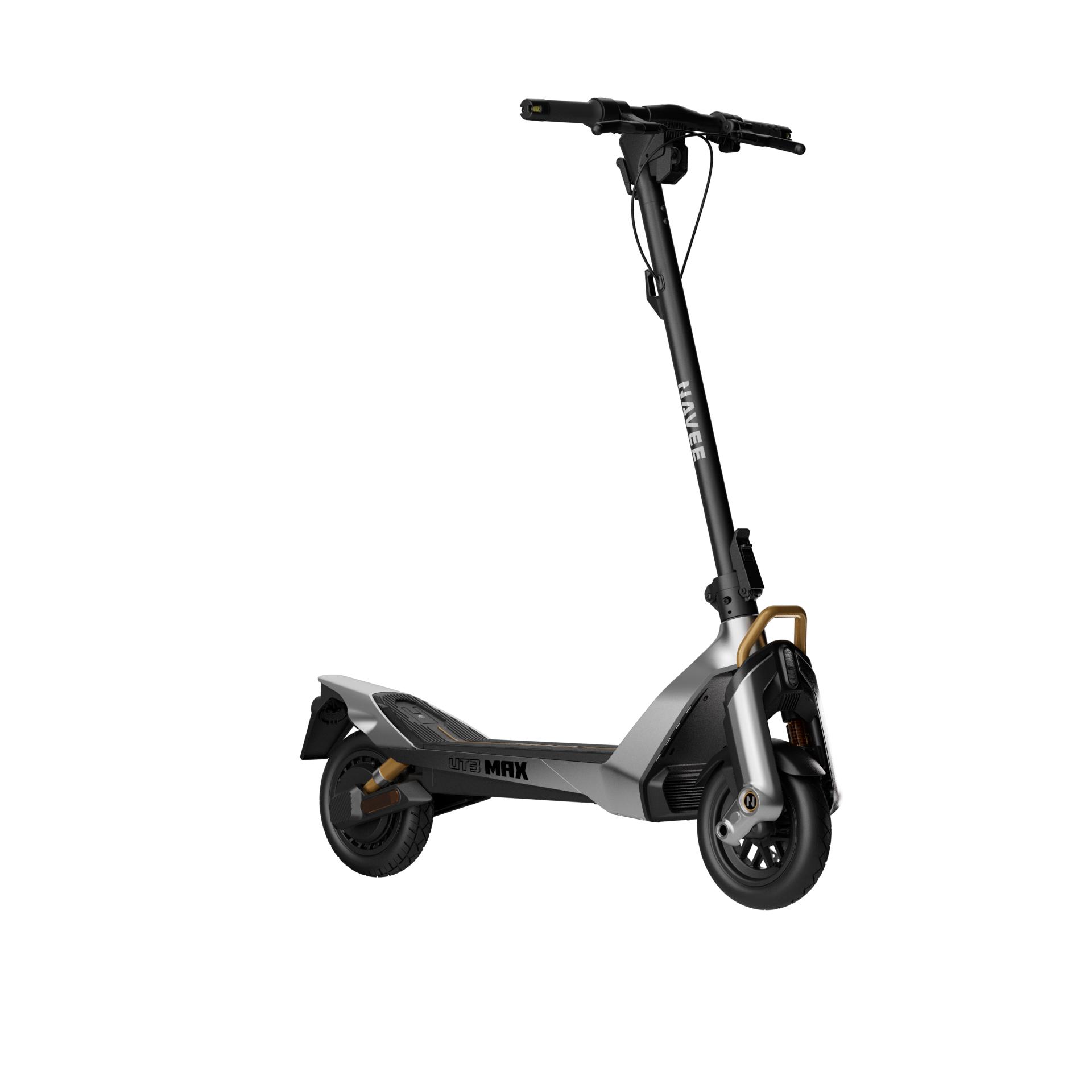 Ein silberner und schwarzer E-Scooter mit dem Namen NAVE mit goldenen Akzenten.