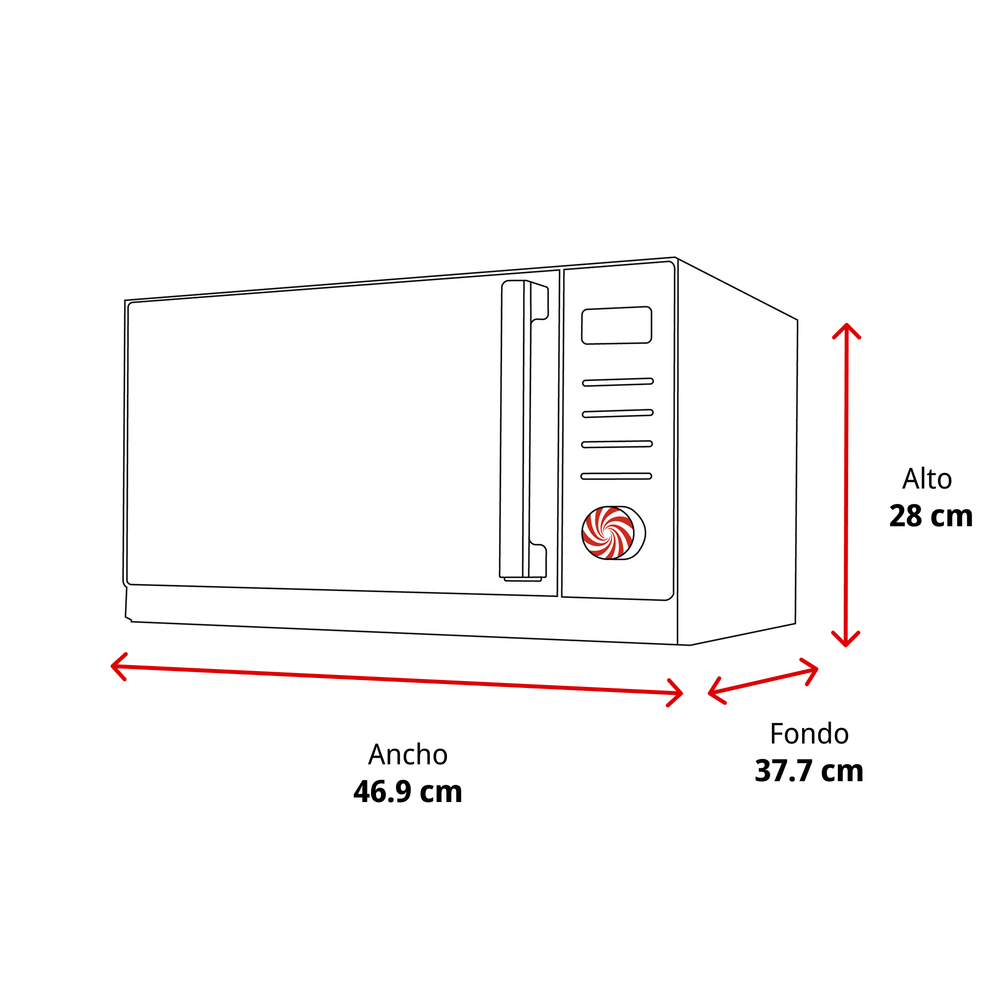 Dibujo lineal de un microondas con dimensiones: ancho 46.9 cm, profundidad 37.7 cm, alto 28 cm.