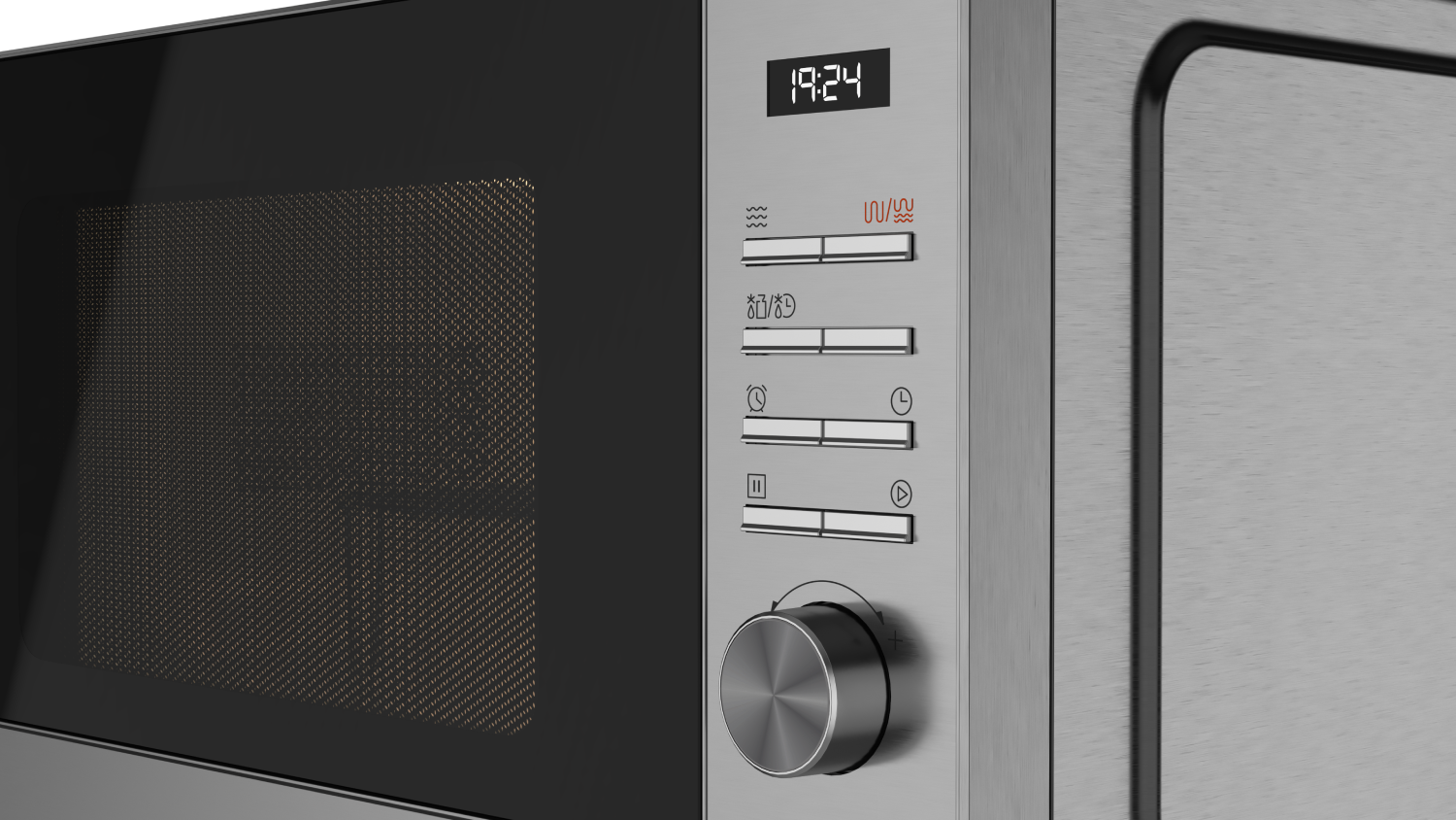 Un microondas plateado con pantalla digital y botones de control.