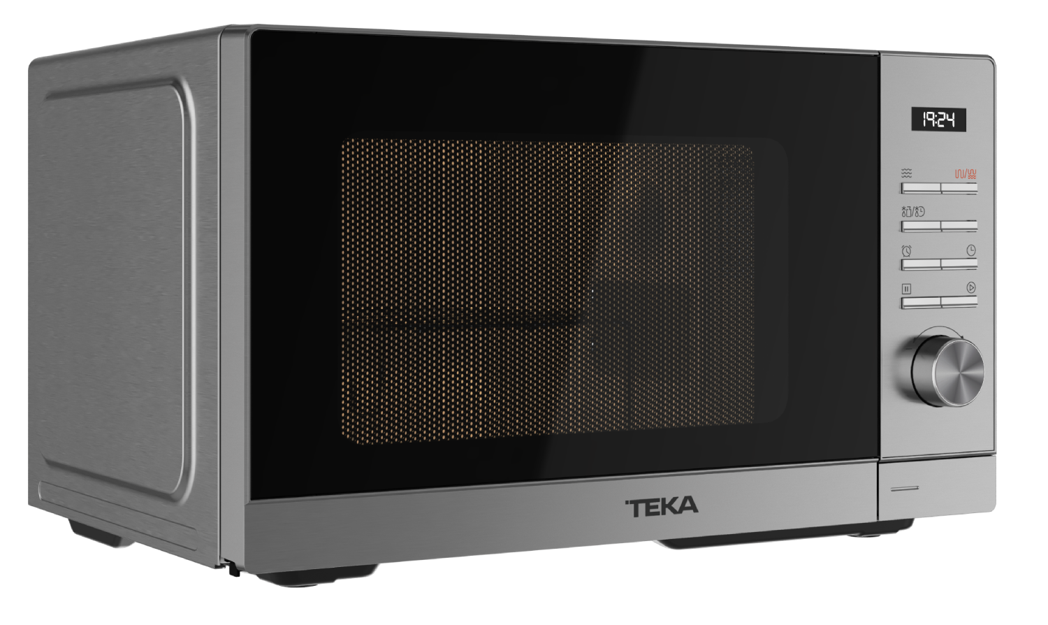 Un microondas Teka plateado con puerta negra y pantalla digital.