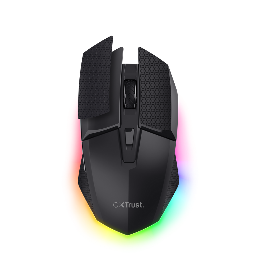Ratón gaming negro con iluminación RGB y agarres de panal.