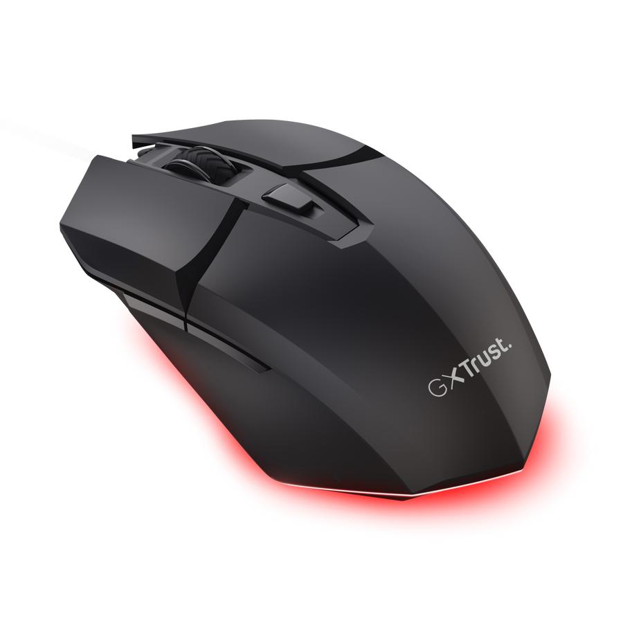 Un ratón gaming negro con iluminación roja y el logo GXTrust.
