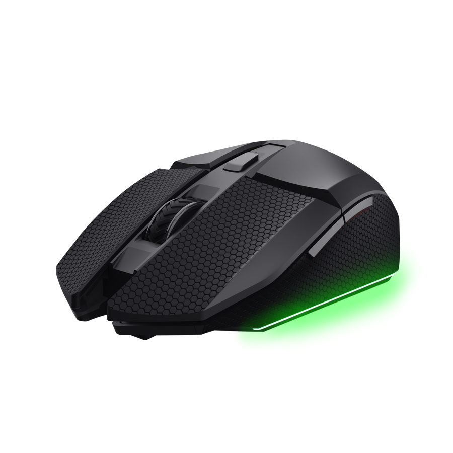 Un ratón gamer negro con detalles verdes brillantes y patrón de panal.