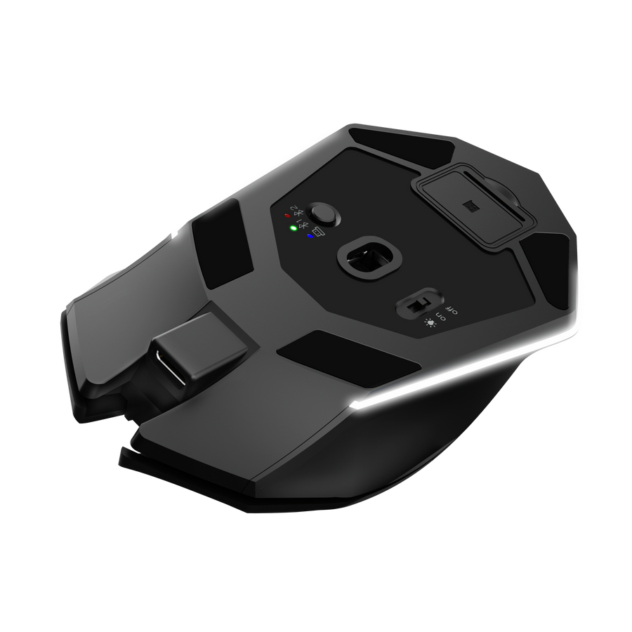 Ratón gaming negro con acentos iluminados y controles en la parte inferior.