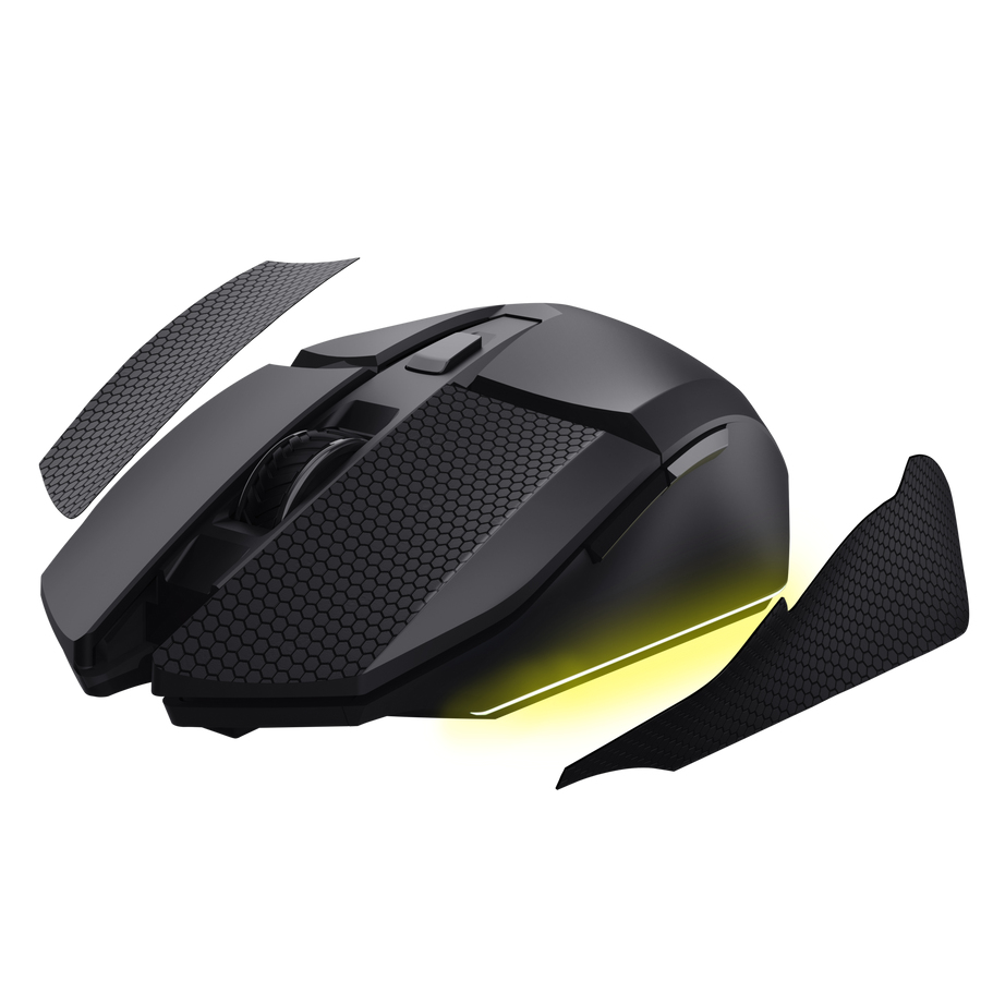 Ratón gaming negro con iluminación amarilla y almohadillas de agarre.