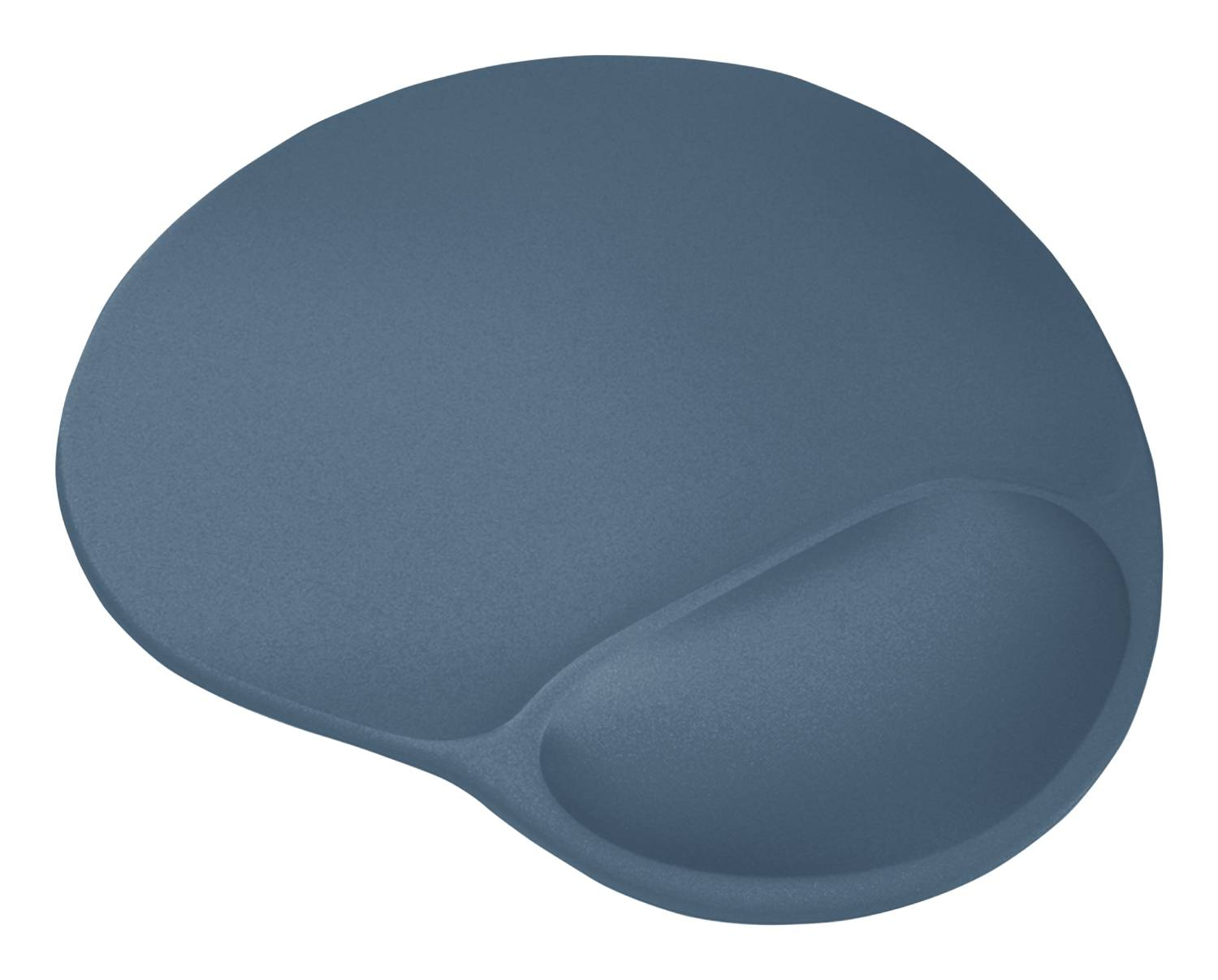 Un ratón ergonómico azul con soporte para muñeca sobre fondo blanco.