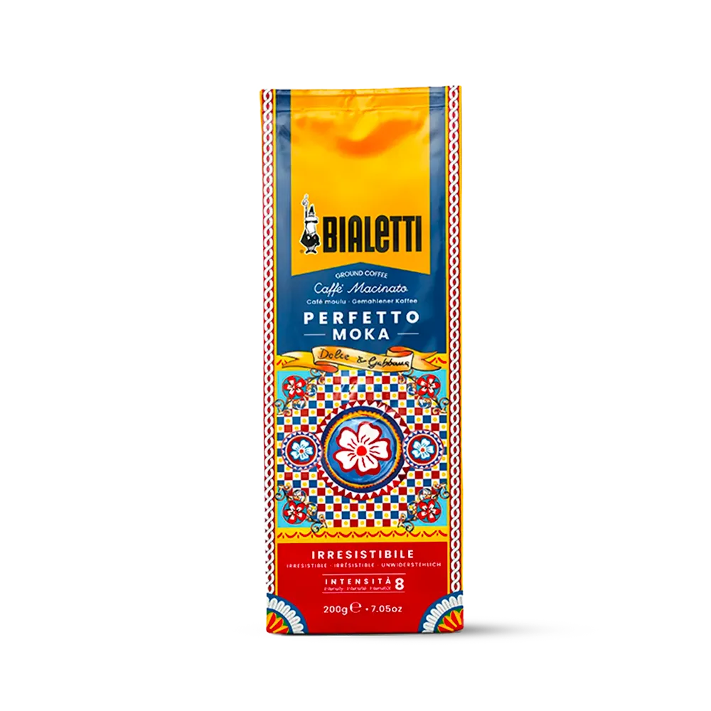 Café molido Bialetti Perfetto Moka, 200g, con diseño Dolce & Gabbana.