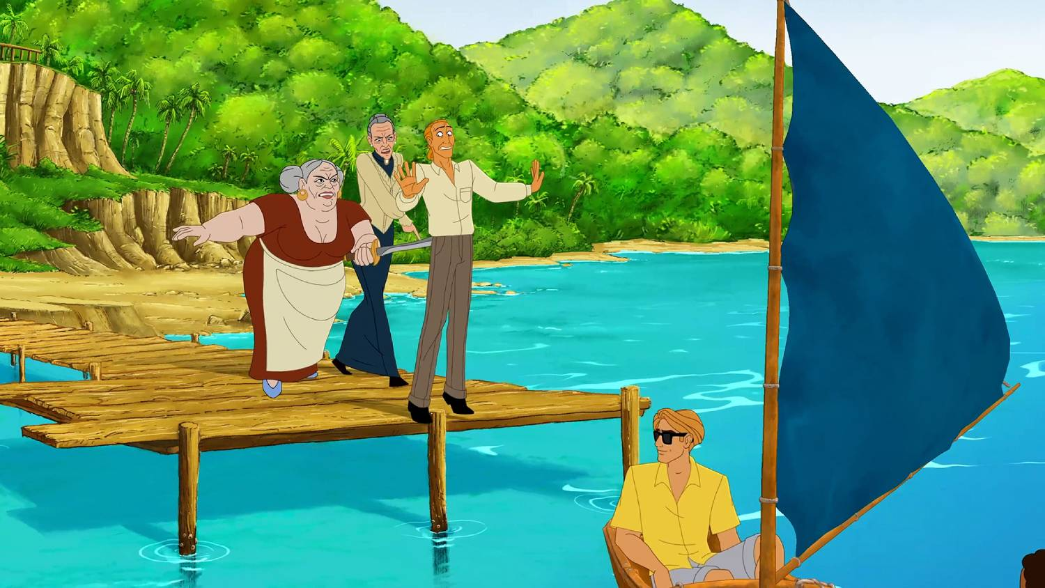 Cuatro personas en un muelle de madera ante una isla tropical con un bote y vela azul.