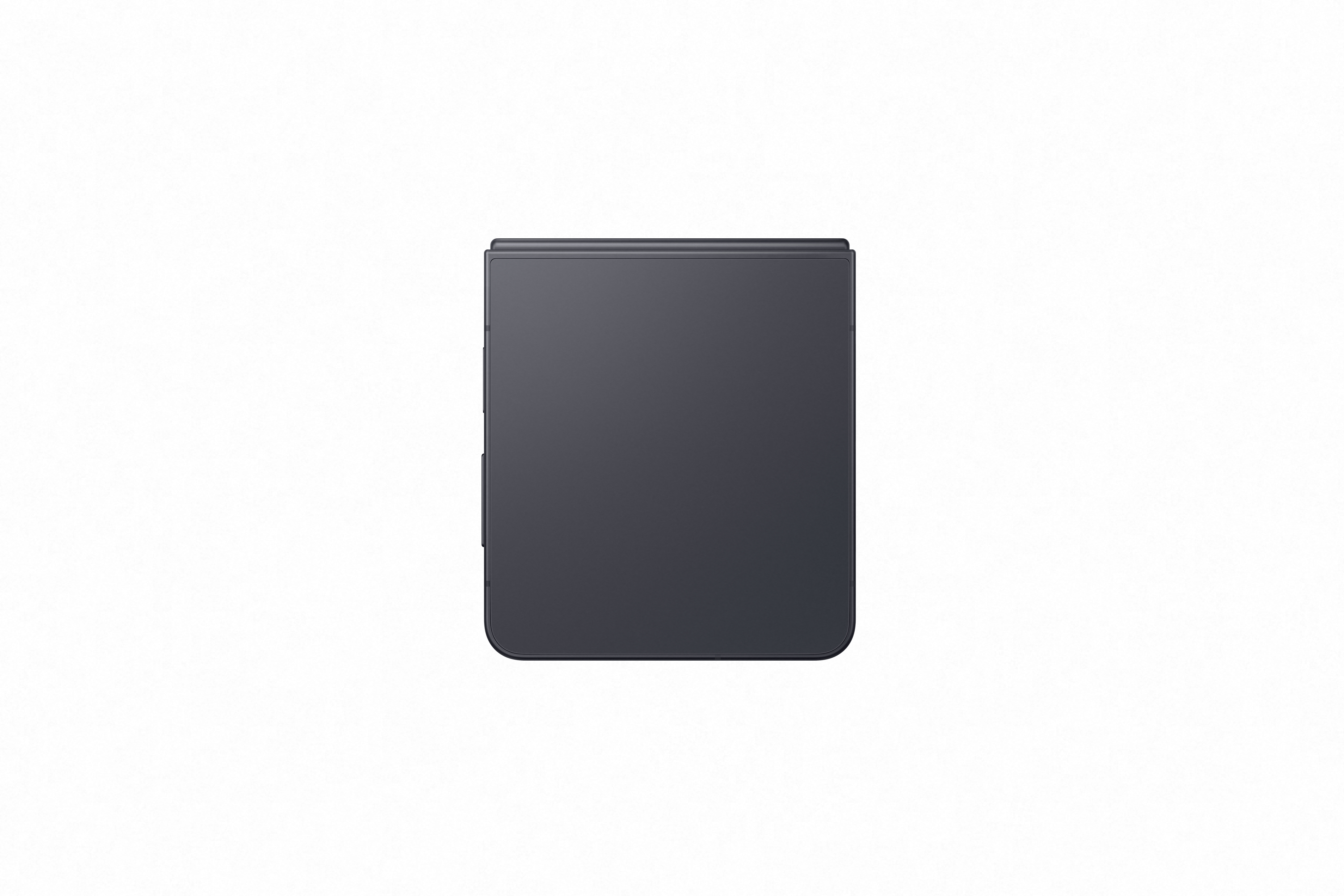 Ein geschlossenes, dunkelgraues Smartphone im Hochformat auf weißem Hintergrund.