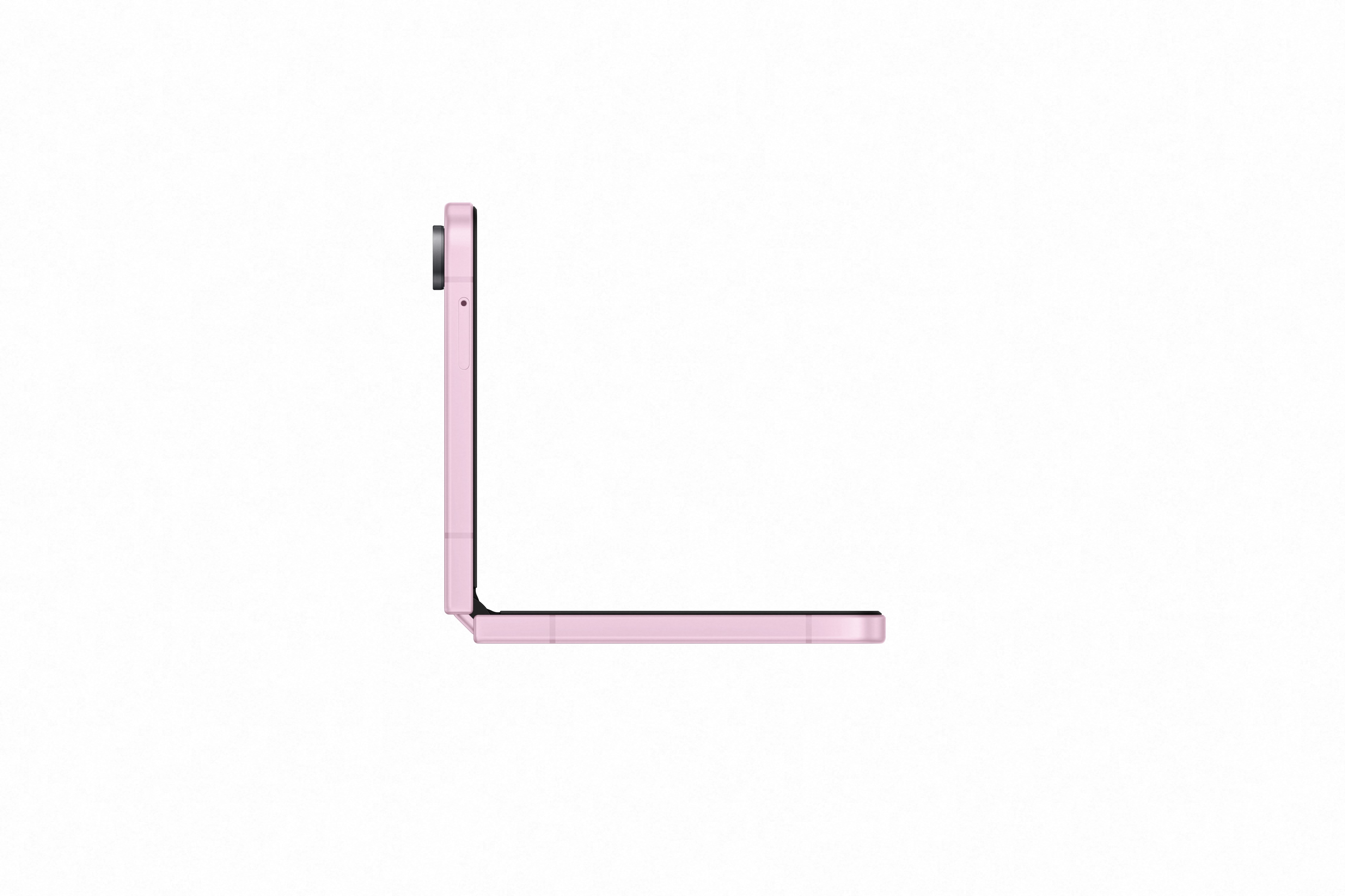 Ein rosa faltbares Smartphone liegt auf weißem Hintergrund.