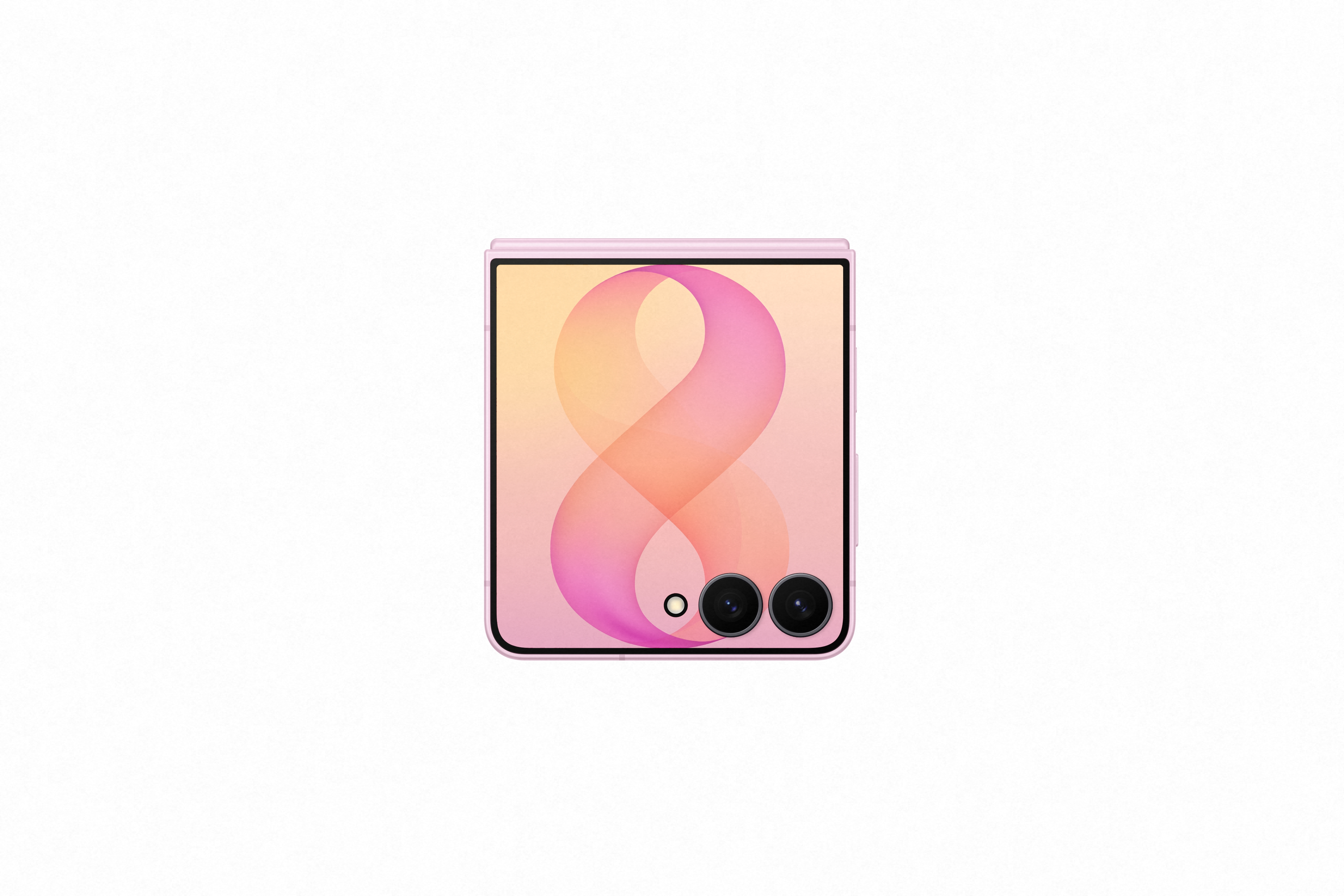 Ein rosa Klapphandy mit einem abstrakt-bunten Hintergrund und zwei Kameras.