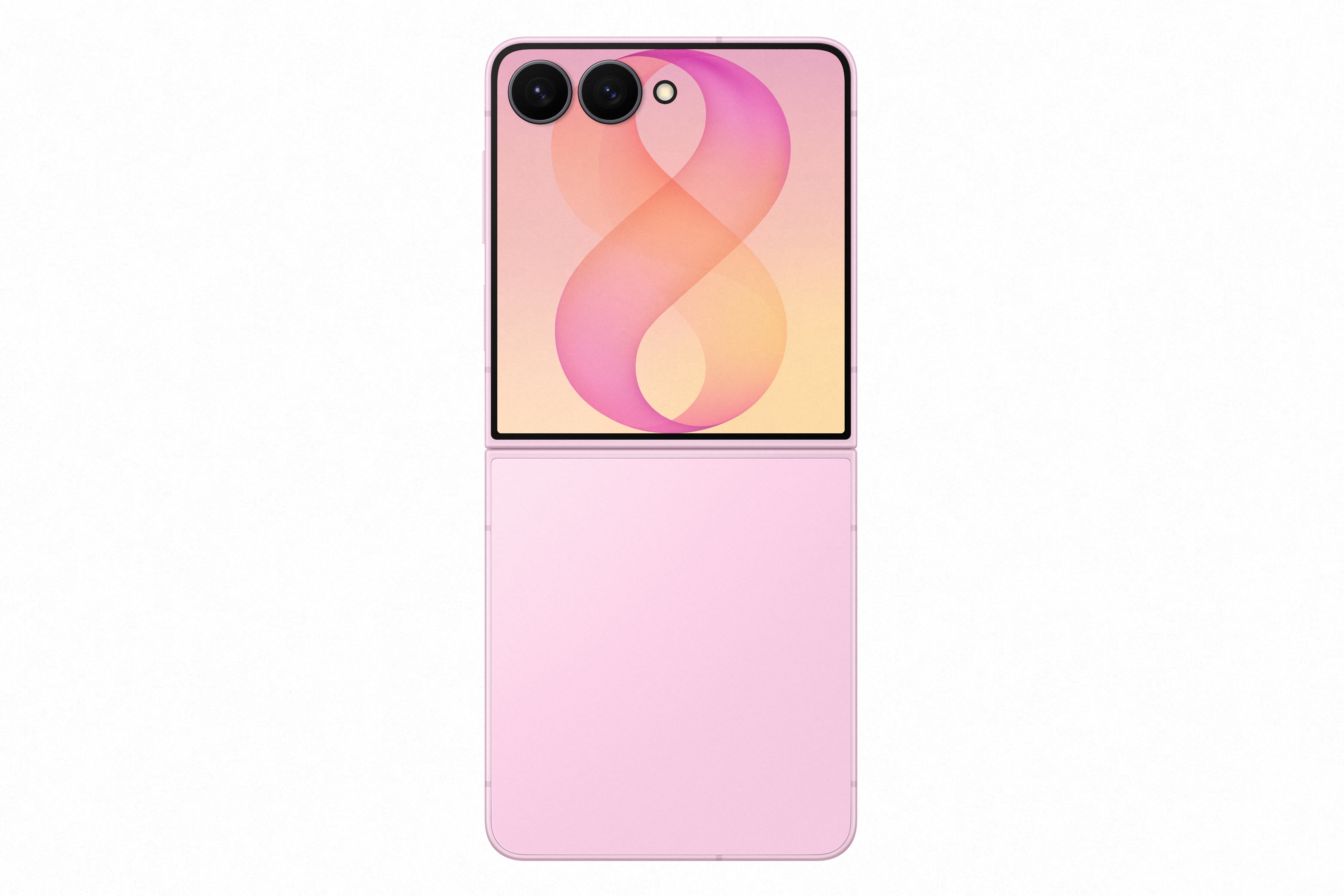 Ein rosa Klapphandy mit zwei Kameralinsen oben und einem Display mit Farbverlauf.